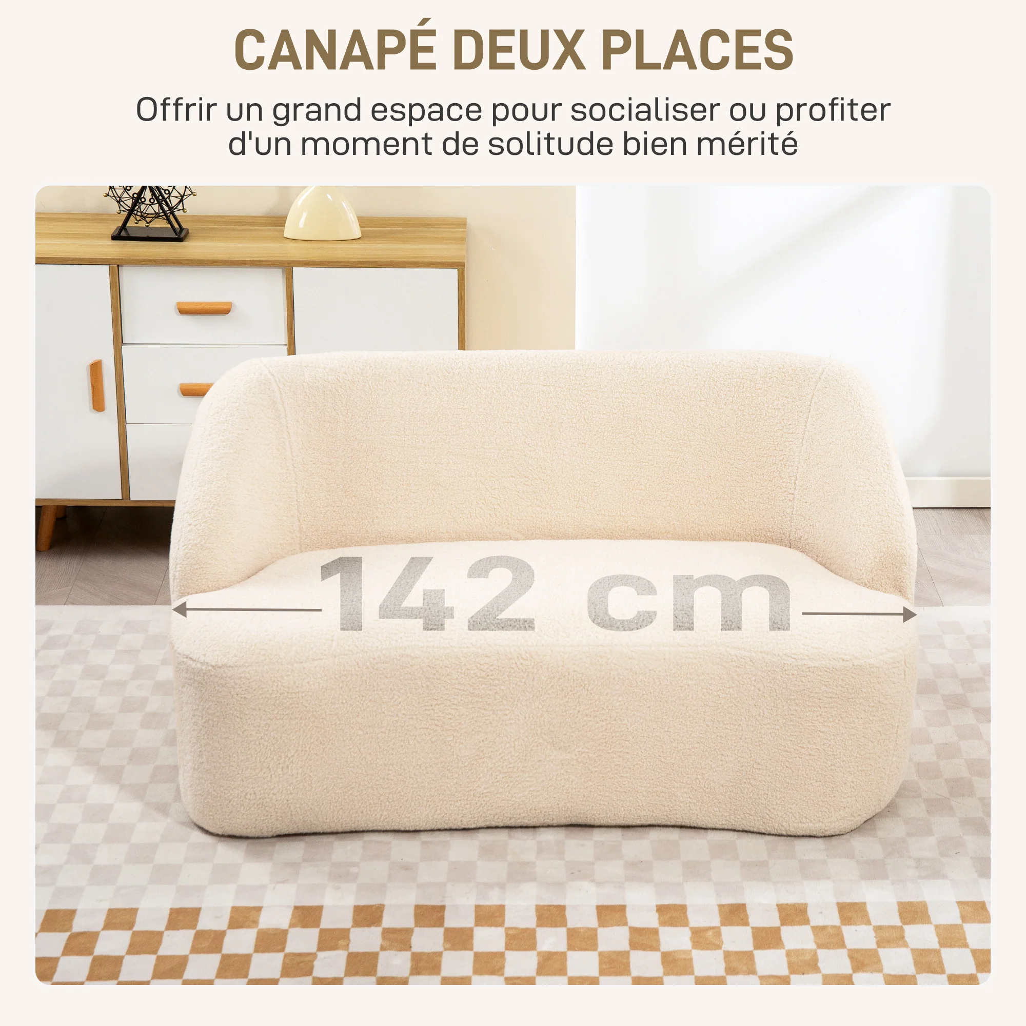 Canapé 2 places canapé en tissu bouclette 142 cm avec dossier et assise incurvés, entièrement compressé, sofa moderne pour chambre, appartement, petit espace, aucun assemblage requis, beige - Image 5