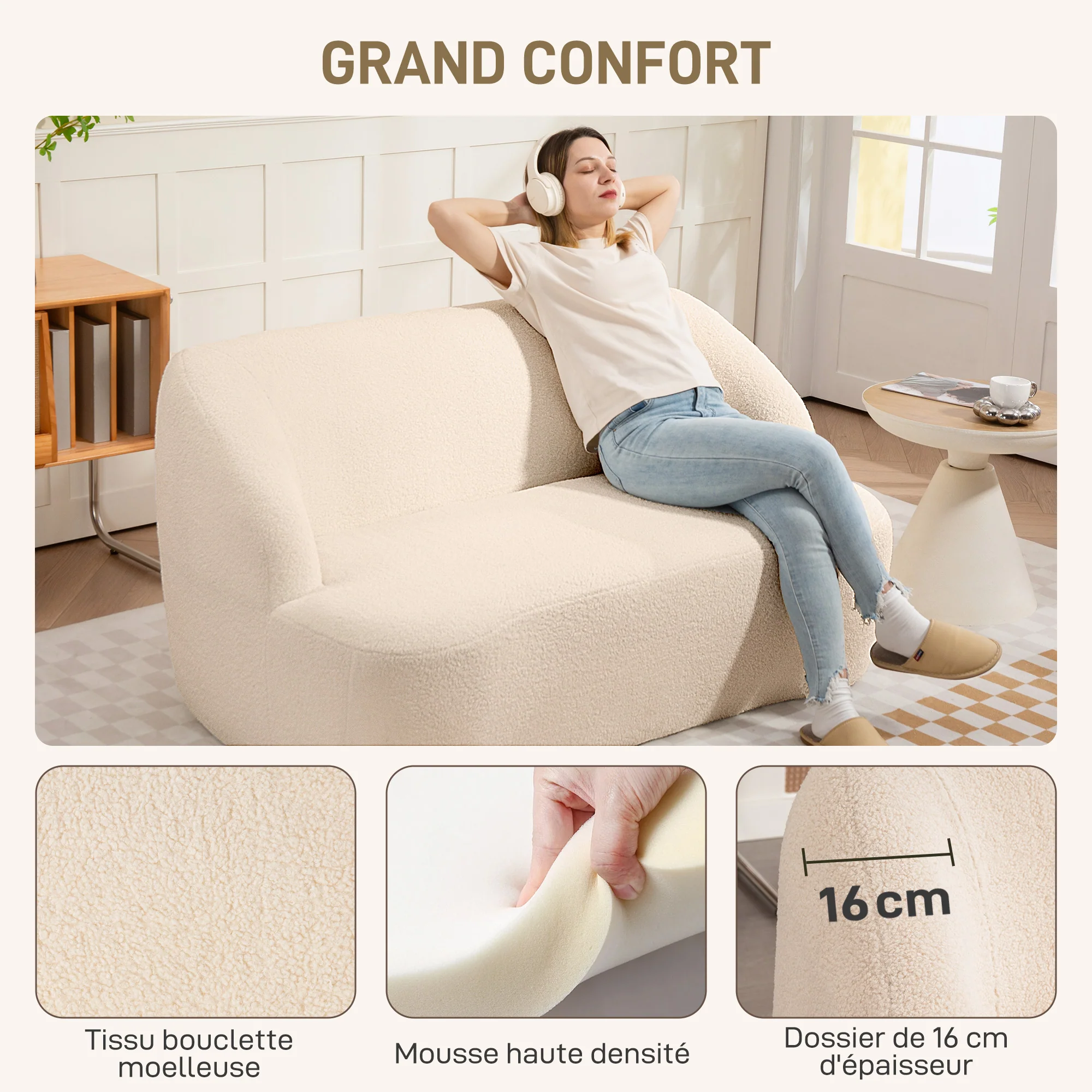 Canapé 2 places canapé en tissu bouclette 142 cm avec dossier et assise incurvés, entièrement compressé, sofa moderne pour chambre, appartement, petit espace, aucun assemblage requis, beige - Image 6