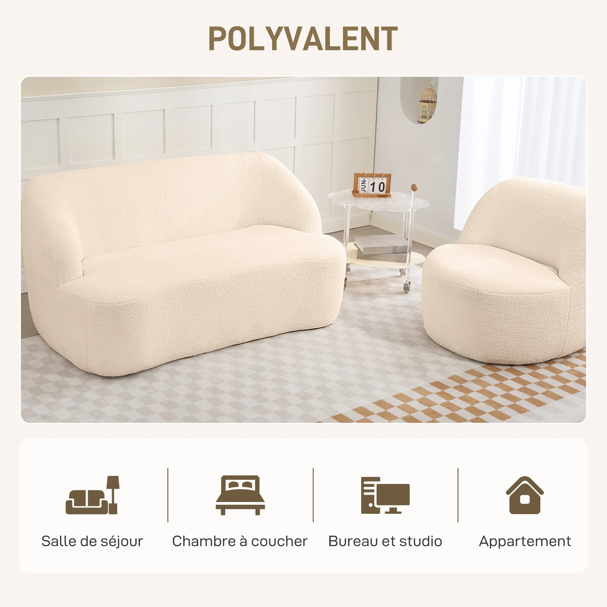 Canapé 2 places canapé en tissu bouclette 142 cm avec dossier et assise incurvés, entièrement compressé, sofa moderne pour chambre, appartement, petit espace, aucun assemblage requis, beige - Image 7