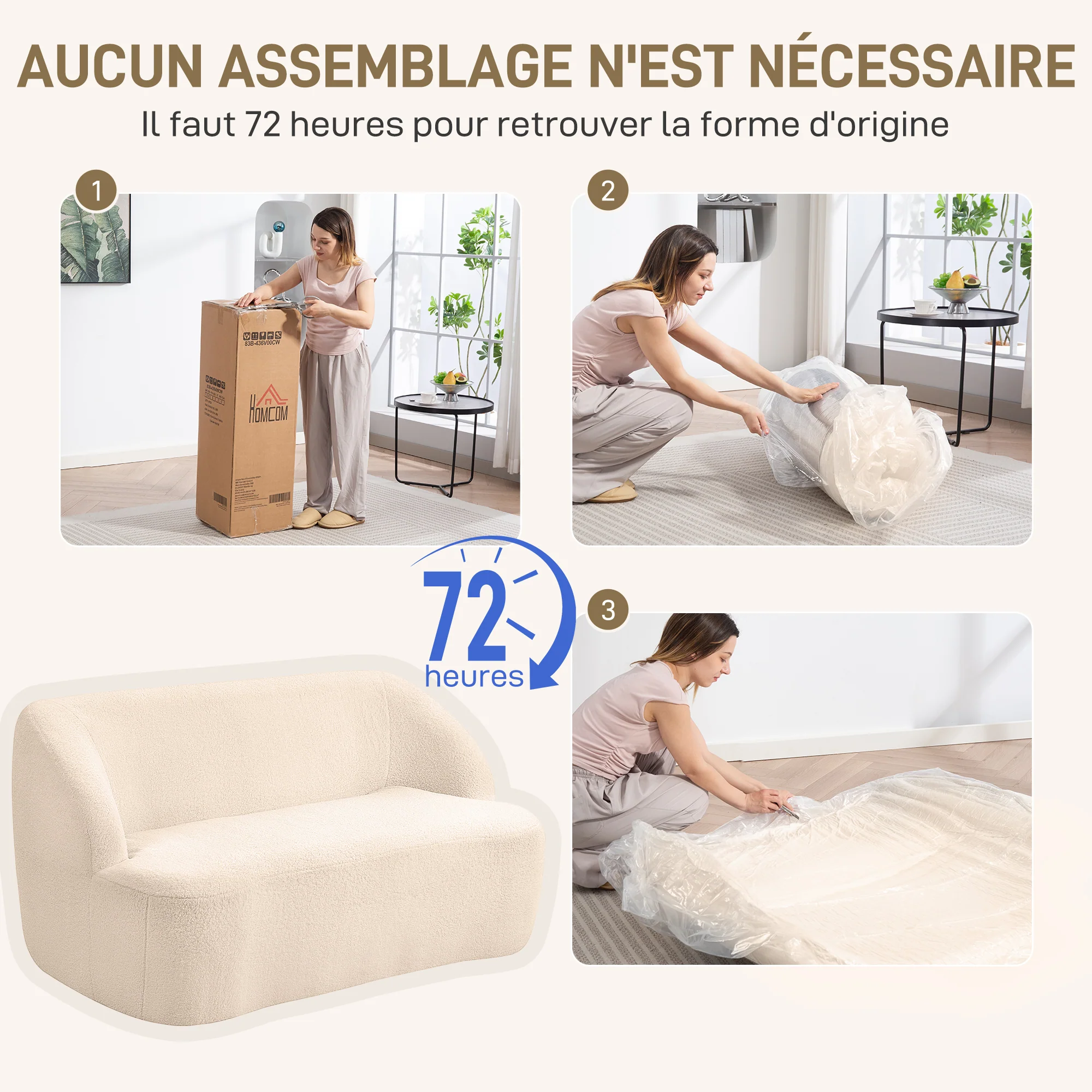 Canapé 2 places canapé en tissu bouclette 142 cm avec dossier et assise incurvés, entièrement compressé, sofa moderne pour chambre, appartement, petit espace, aucun assemblage requis, beige - Image 8