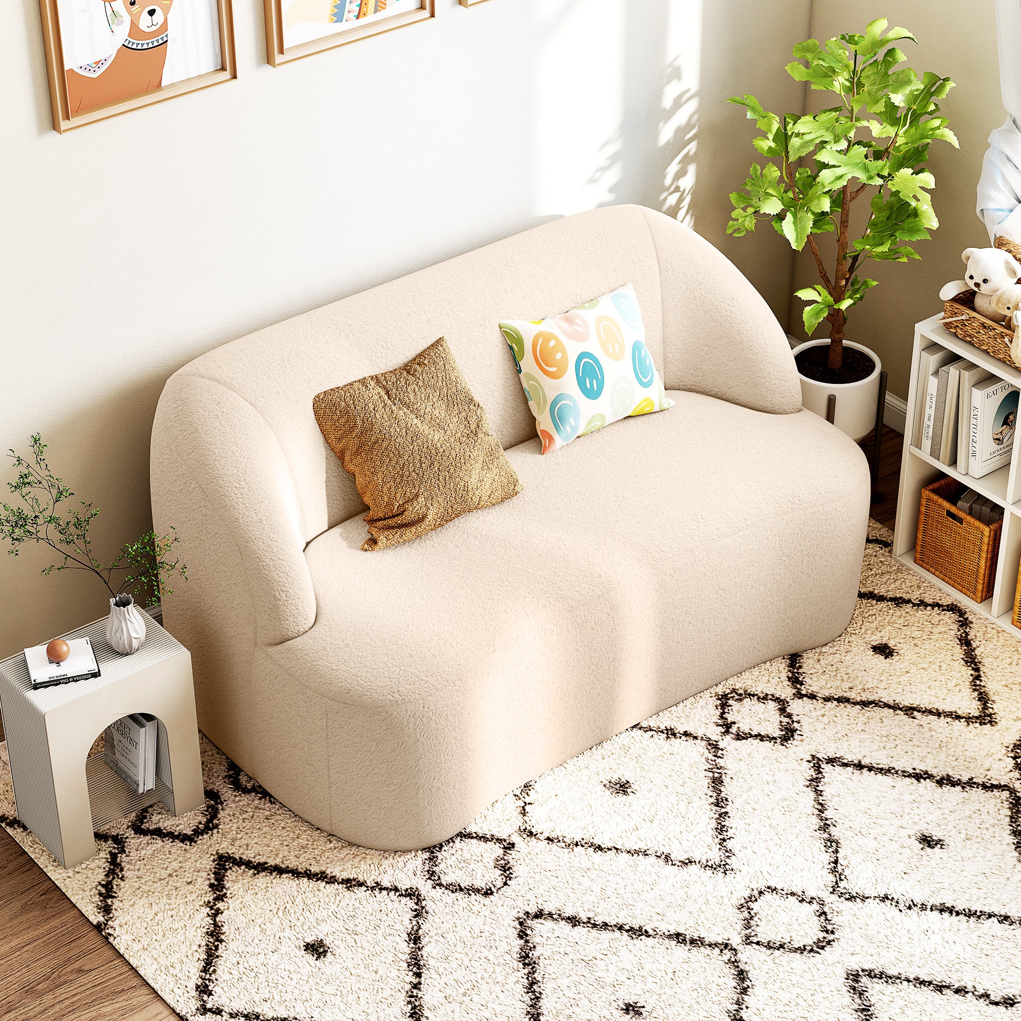 Canapé 2 places canapé en tissu bouclette 142 cm avec dossier et assise incurvés, entièrement compressé, sofa moderne pour chambre, appartement, petit espace, aucun assemblage requis, beige - Image 9
