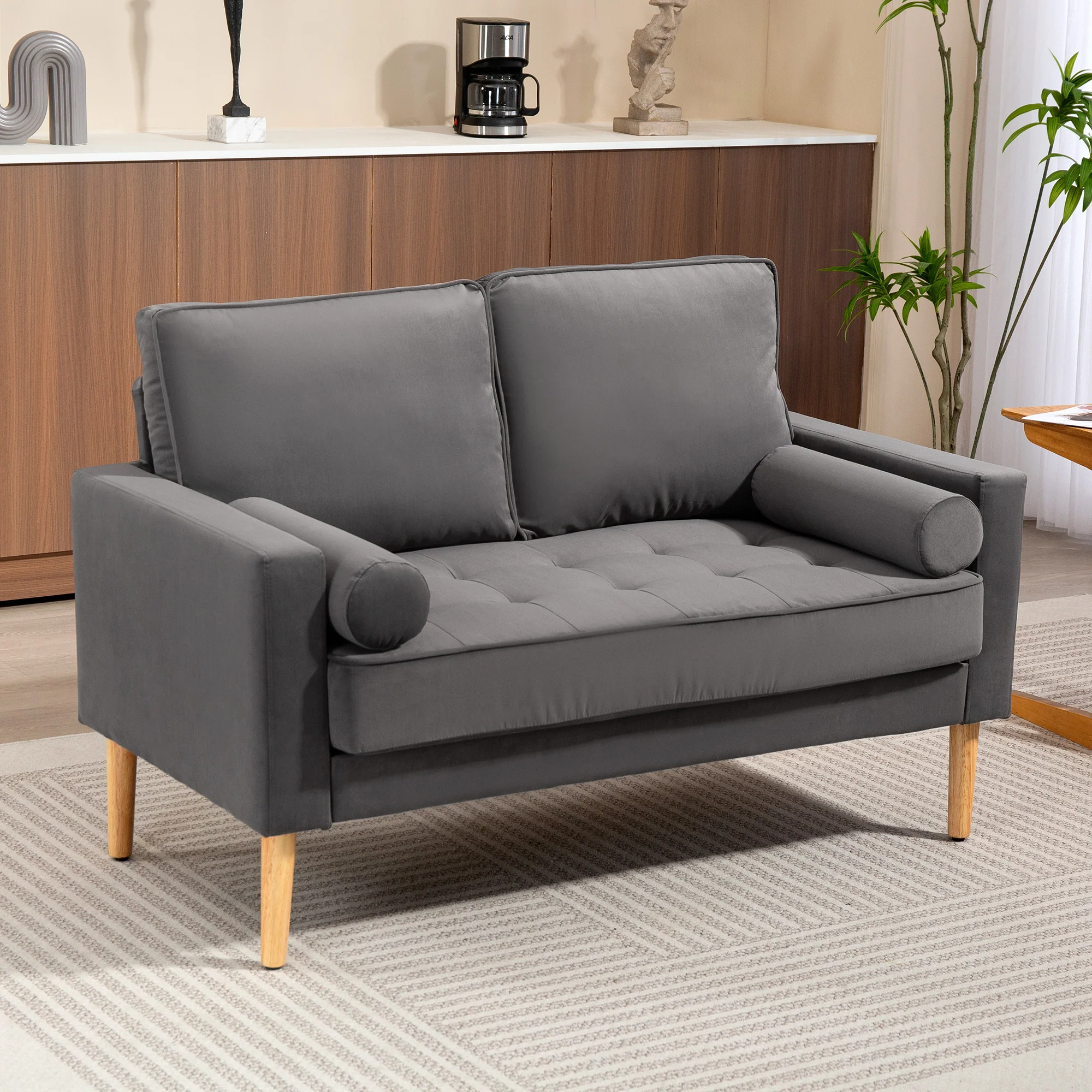 Canapé 2 places canapé moderne en velours 127 cm, coussins à ressorts épais, pieds en bois d'hévéa, 2 oreillers et assise capitonnée, banquette 2 places pour salon, chambre, petit espace, gris - Image 3