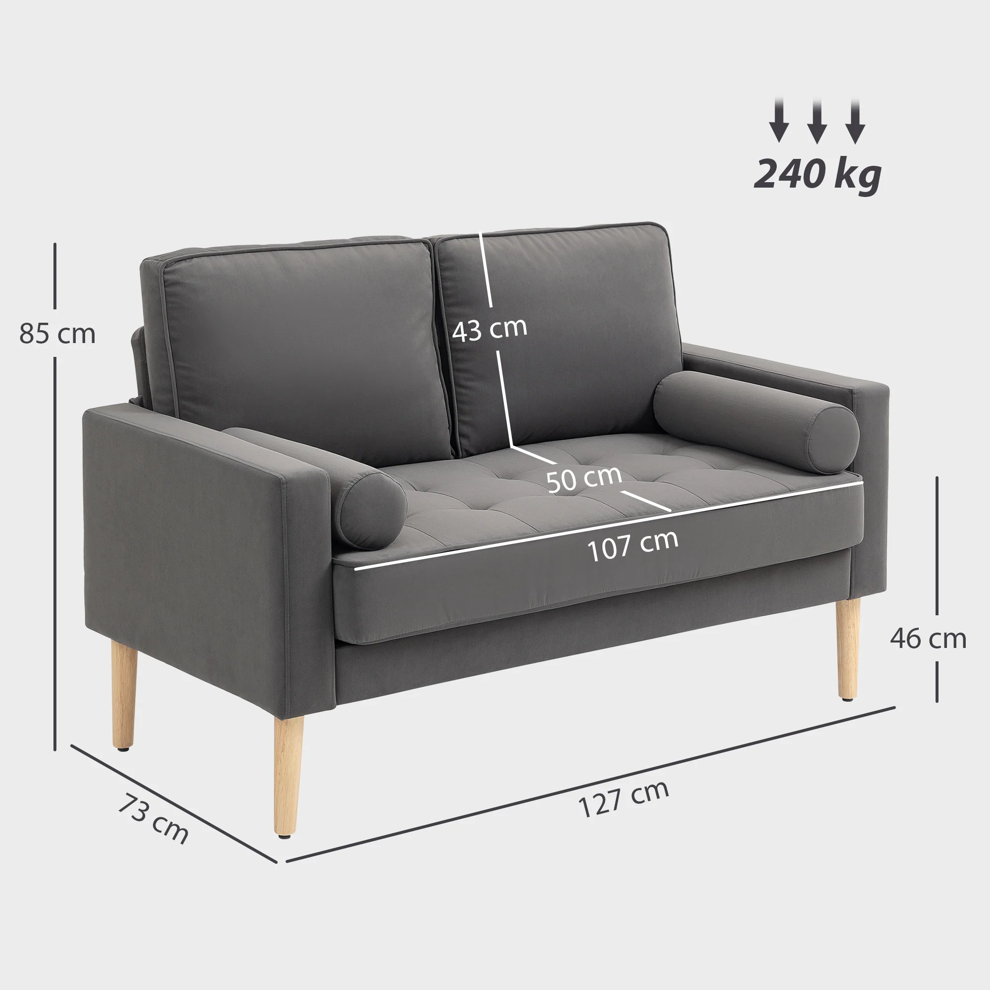 Canapé 2 places canapé moderne en velours 127 cm, coussins à ressorts épais, pieds en bois d'hévéa, 2 oreillers et assise capitonnée, banquette 2 places pour salon, chambre, petit espace, gris - Image 4