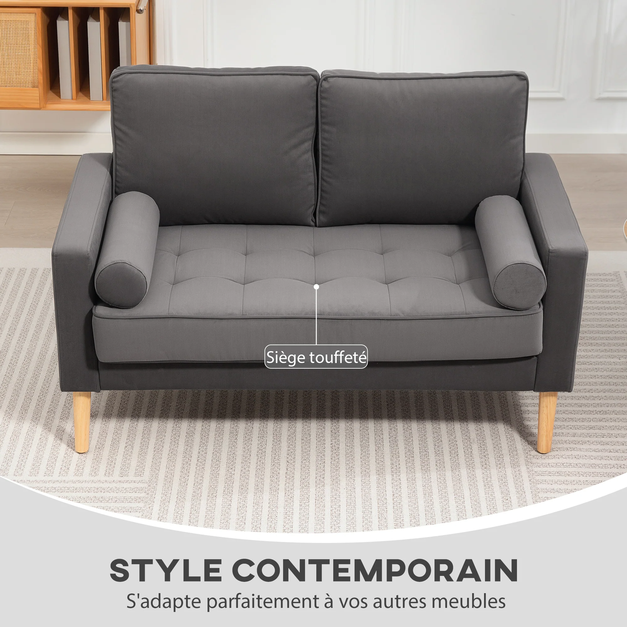 Canapé 2 places canapé moderne en velours 127 cm, coussins à ressorts épais, pieds en bois d'hévéa, 2 oreillers et assise capitonnée, banquette 2 places pour salon, chambre, petit espace, gris - Image 6