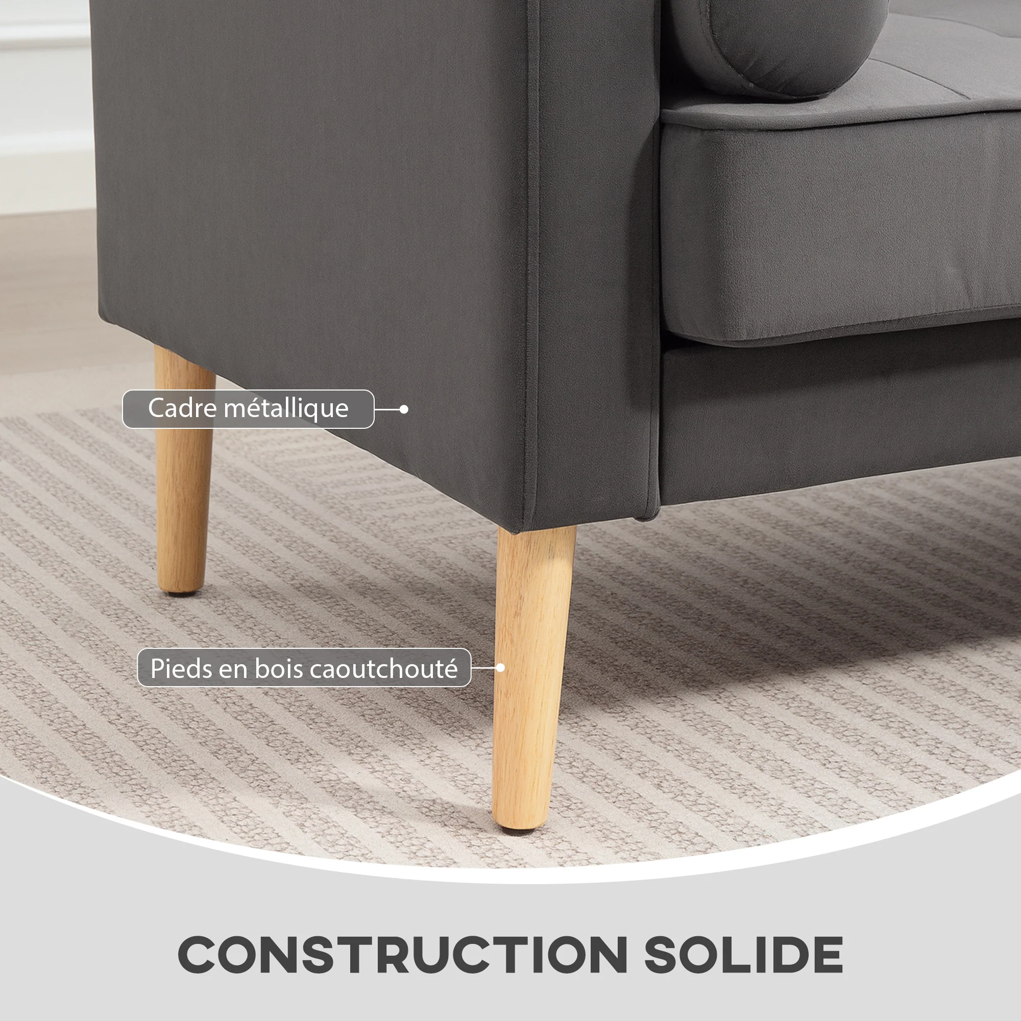 Canapé 2 places canapé moderne en velours 127 cm, coussins à ressorts épais, pieds en bois d'hévéa, 2 oreillers et assise capitonnée, banquette 2 places pour salon, chambre, petit espace, gris - Image 7