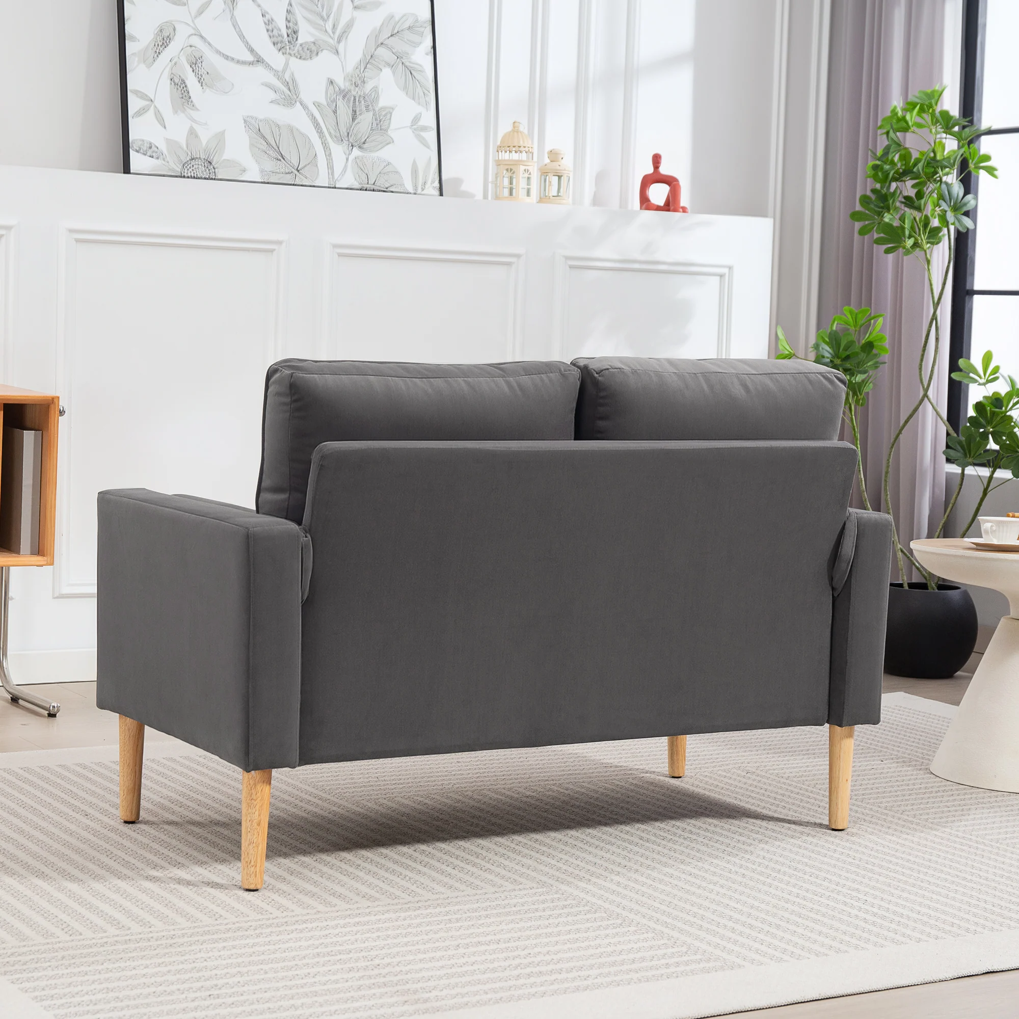 Canapé 2 places canapé moderne en velours 127 cm, coussins à ressorts épais, pieds en bois d'hévéa, 2 oreillers et assise capitonnée, banquette 2 places pour salon, chambre, petit espace, gris - Image 9