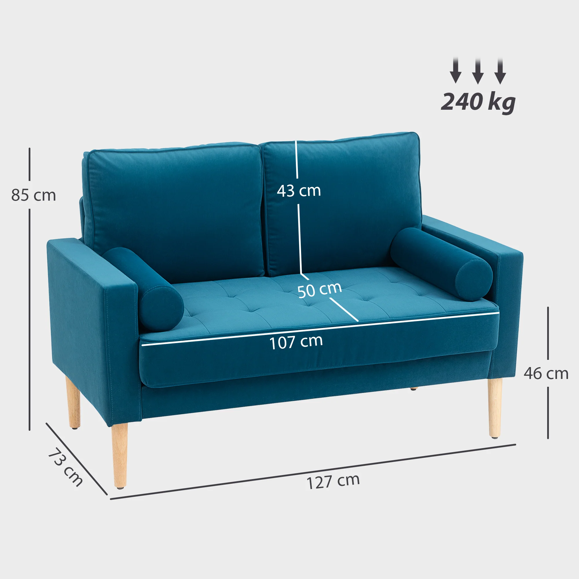Canapé 2 places canapé moderne en velours 127 cm, coussins à ressorts épais, pieds en bois d'hévéa, 2 oreillers et assise capitonnée, banquette 2 places pour salon, chambre, petit espace, bleu - Image 4