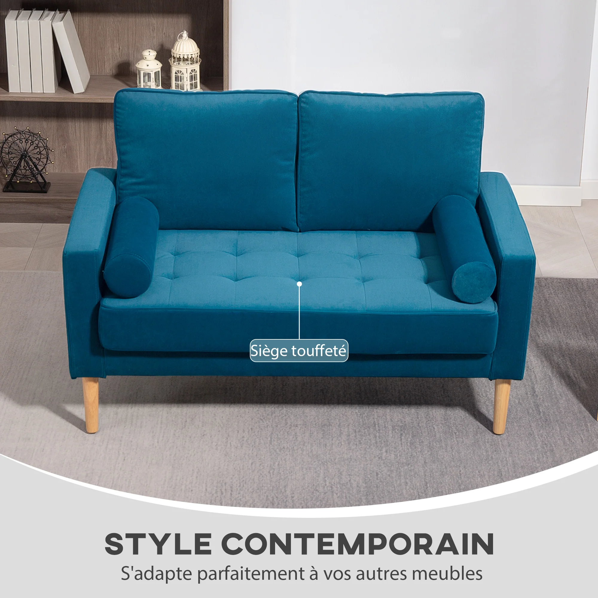 Canapé 2 places canapé moderne en velours 127 cm, coussins à ressorts épais, pieds en bois d'hévéa, 2 oreillers et assise capitonnée, banquette 2 places pour salon, chambre, petit espace, bleu - Image 6