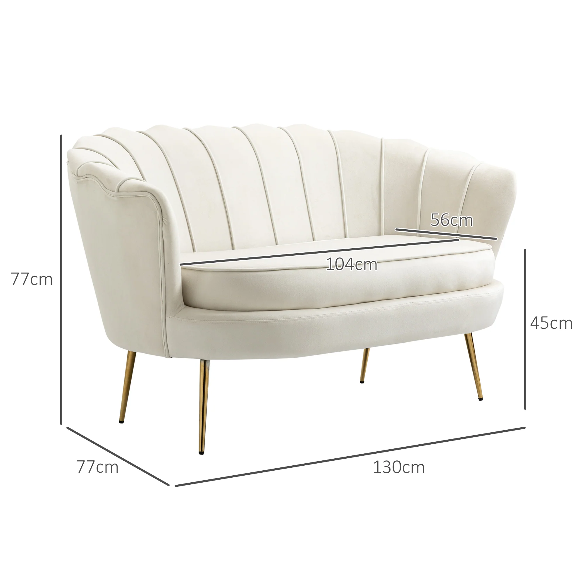 Canapé 2 places en tissu velours, petit canapé, en forme de coquillage, avec coussin épais de 10 cm, canapé, structure en métal, pieds dorés effilés, facile à assembler, crème - Image 4