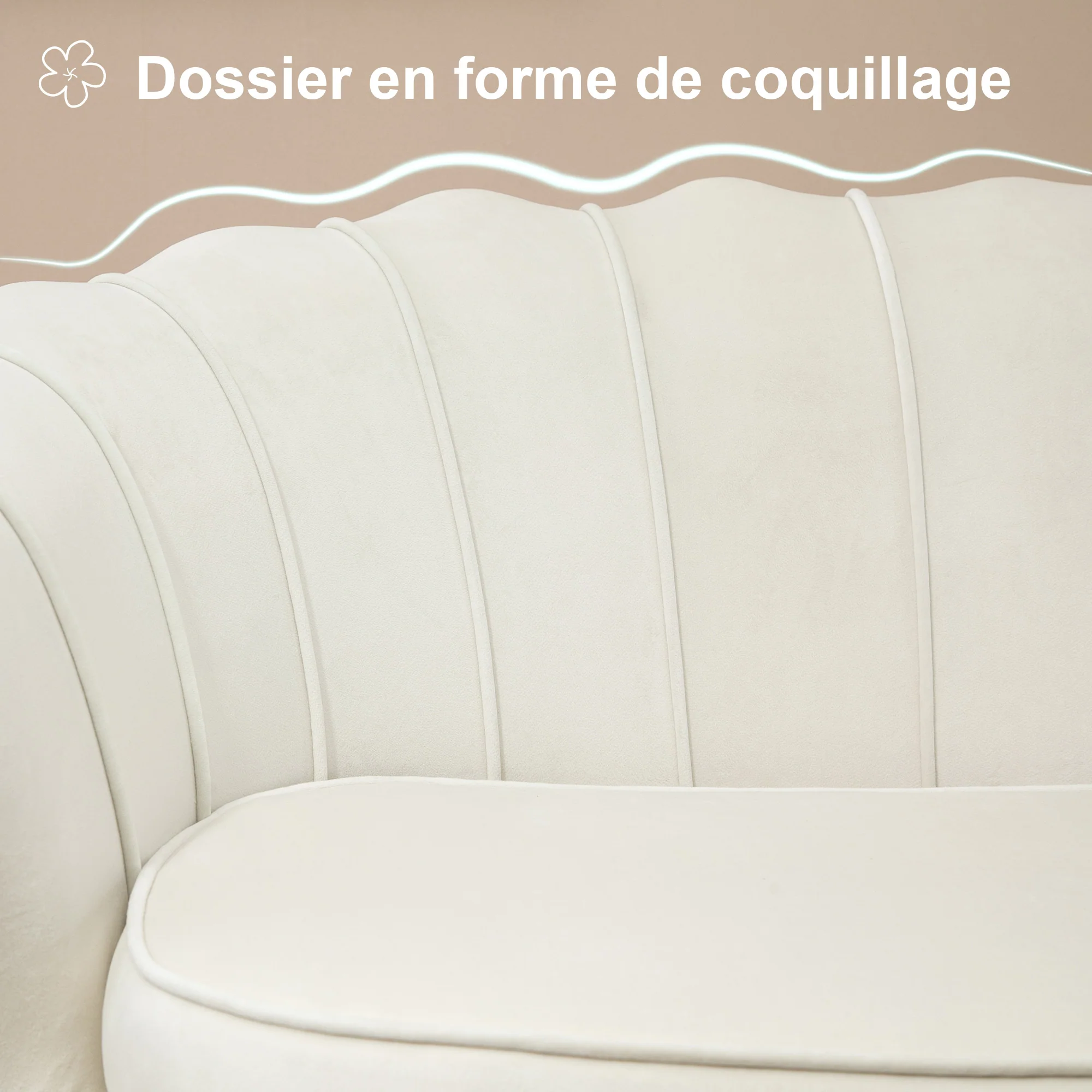 Canapé 2 places en tissu velours, petit canapé, en forme de coquillage, avec coussin épais de 10 cm, canapé, structure en métal, pieds dorés effilés, facile à assembler, crème - Image 5