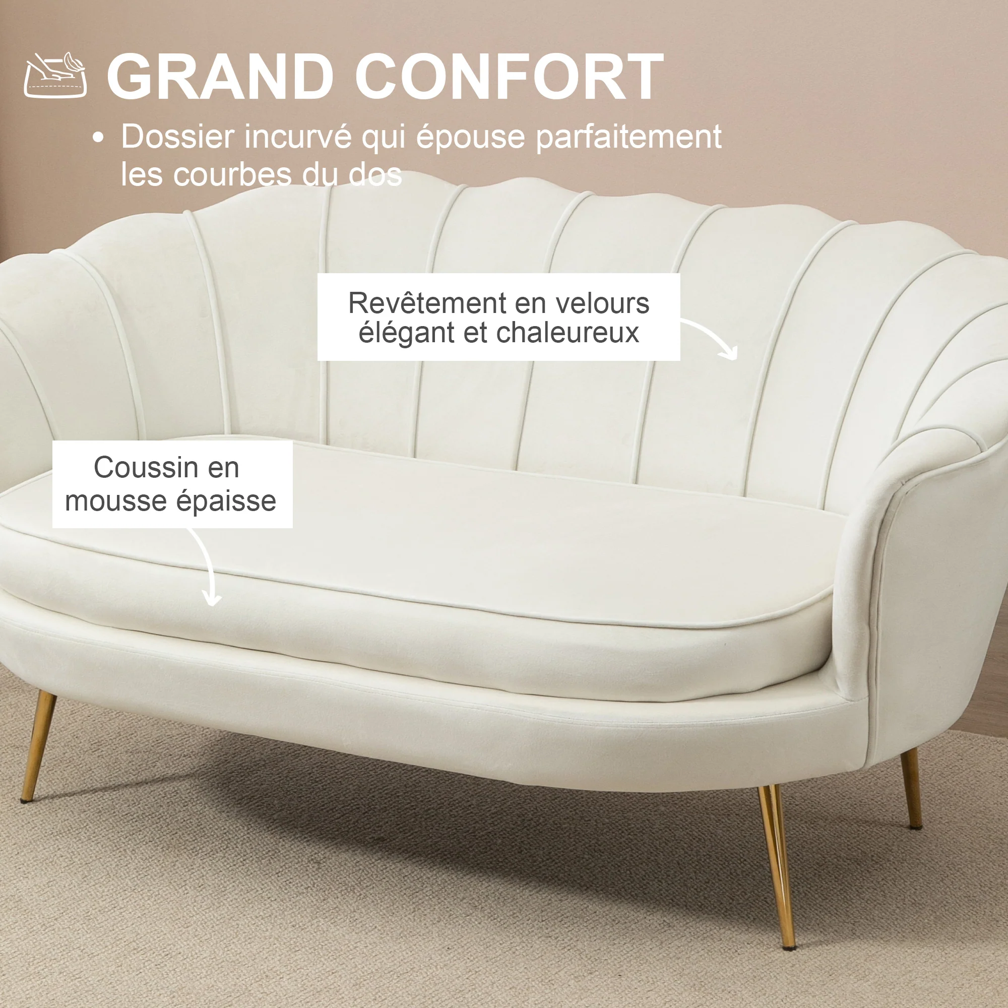 Canapé 2 places en tissu velours, petit canapé, en forme de coquillage, avec coussin épais de 10 cm, canapé, structure en métal, pieds dorés effilés, facile à assembler, crème - Image 6