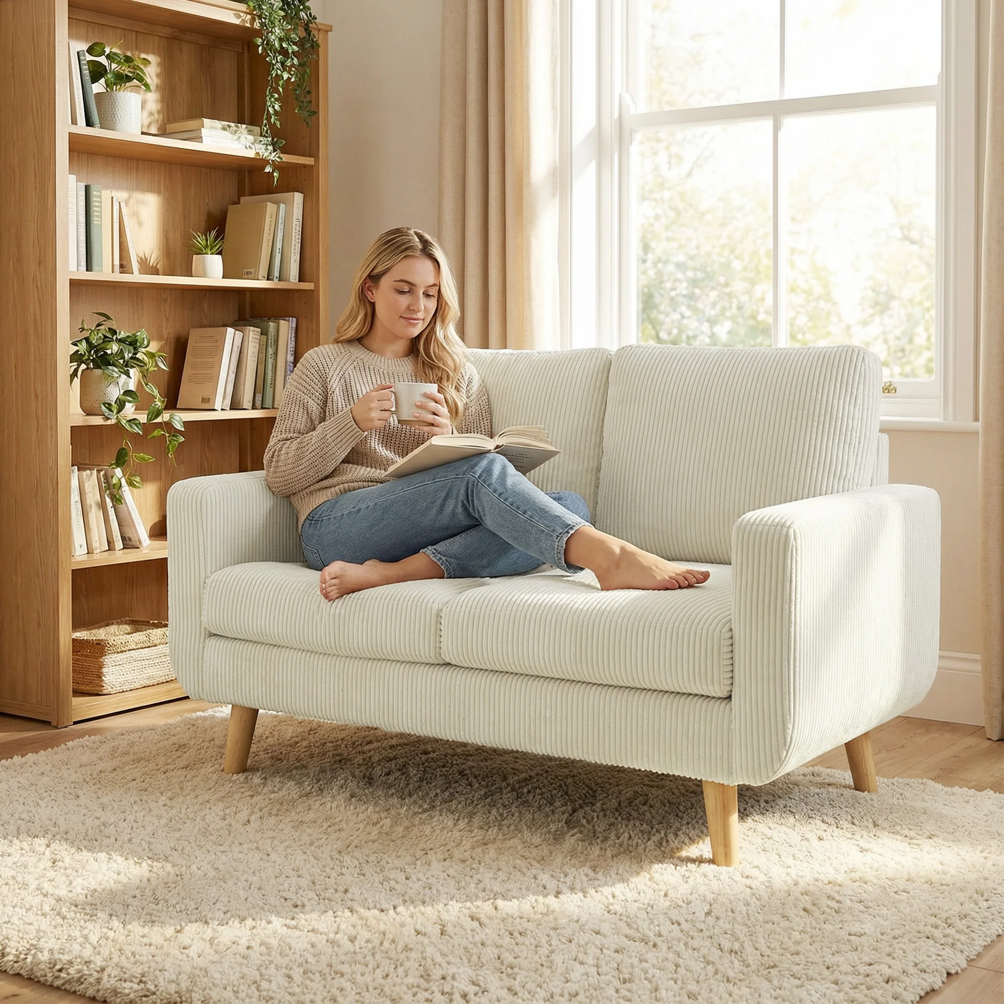 Canapé 2 places en velours c?telé, canapé de salon moderne 134 cm, assise rembourrée, coussin à ressorts, dossier épais, pieds en bois d'hévéa, pour chambre, appartement, petit espace, crème - Image 10