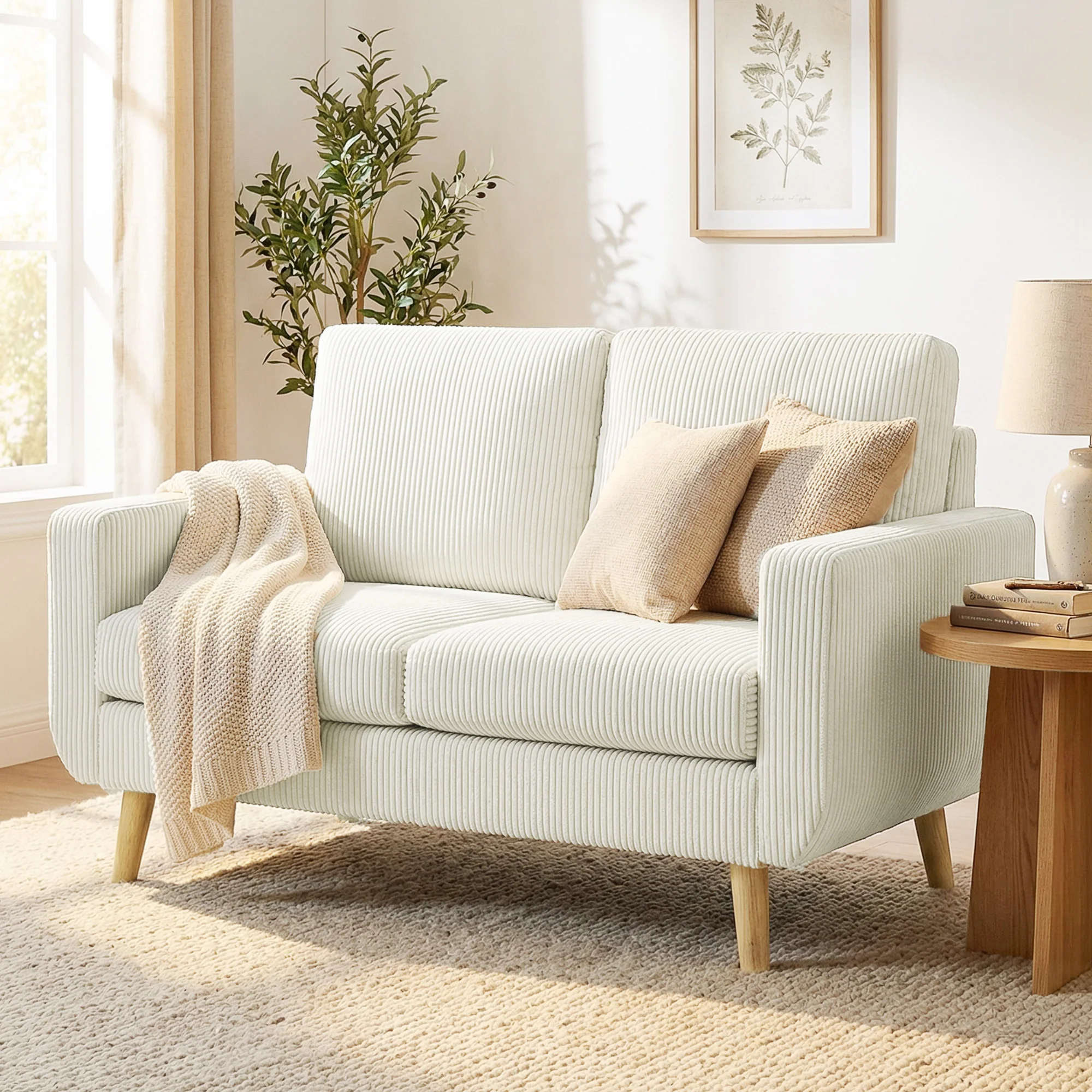 Canapé 2 places en velours c?telé, canapé de salon moderne 134 cm, assise rembourrée, coussin à ressorts, dossier épais, pieds en bois d'hévéa, pour chambre, appartement, petit espace, crème - Image 11