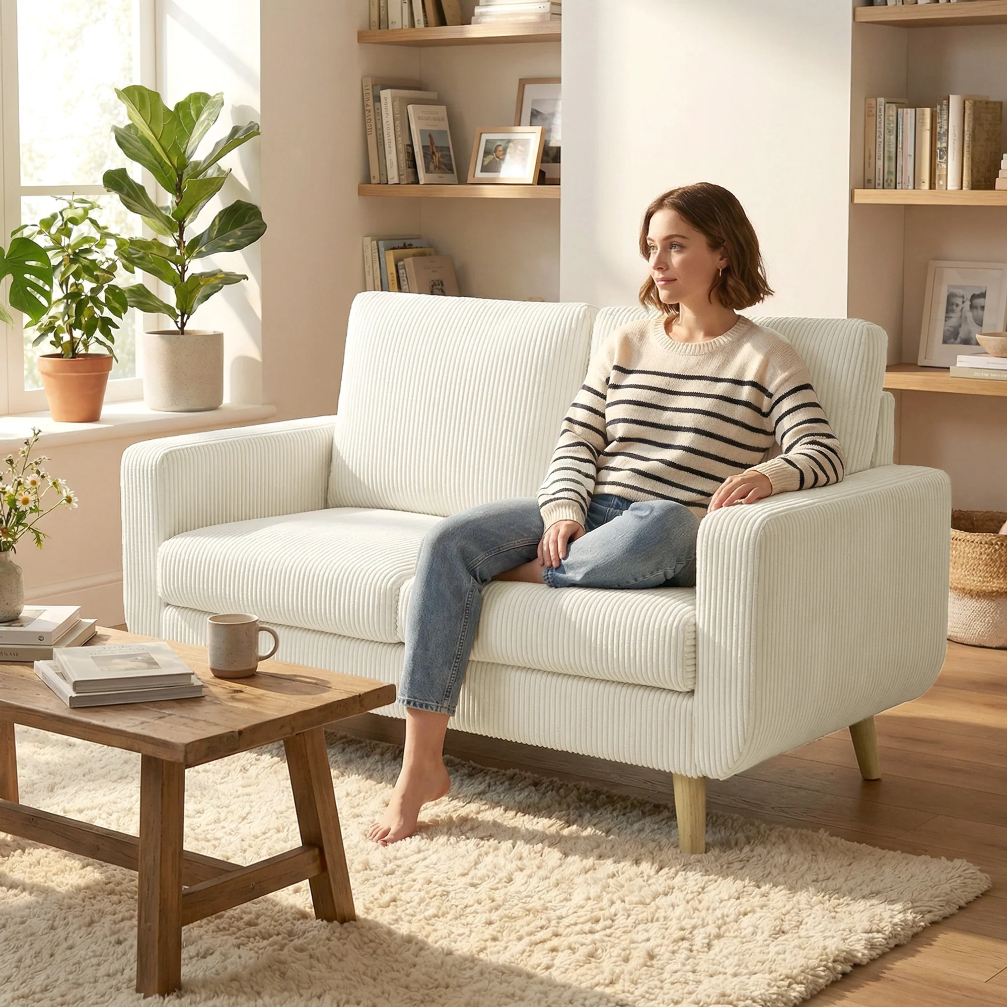 Canapé 2 places en velours c?telé, canapé de salon moderne 134 cm, assise rembourrée, coussin à ressorts, dossier épais, pieds en bois d'hévéa, pour chambre, appartement, petit espace, crème - Image 3