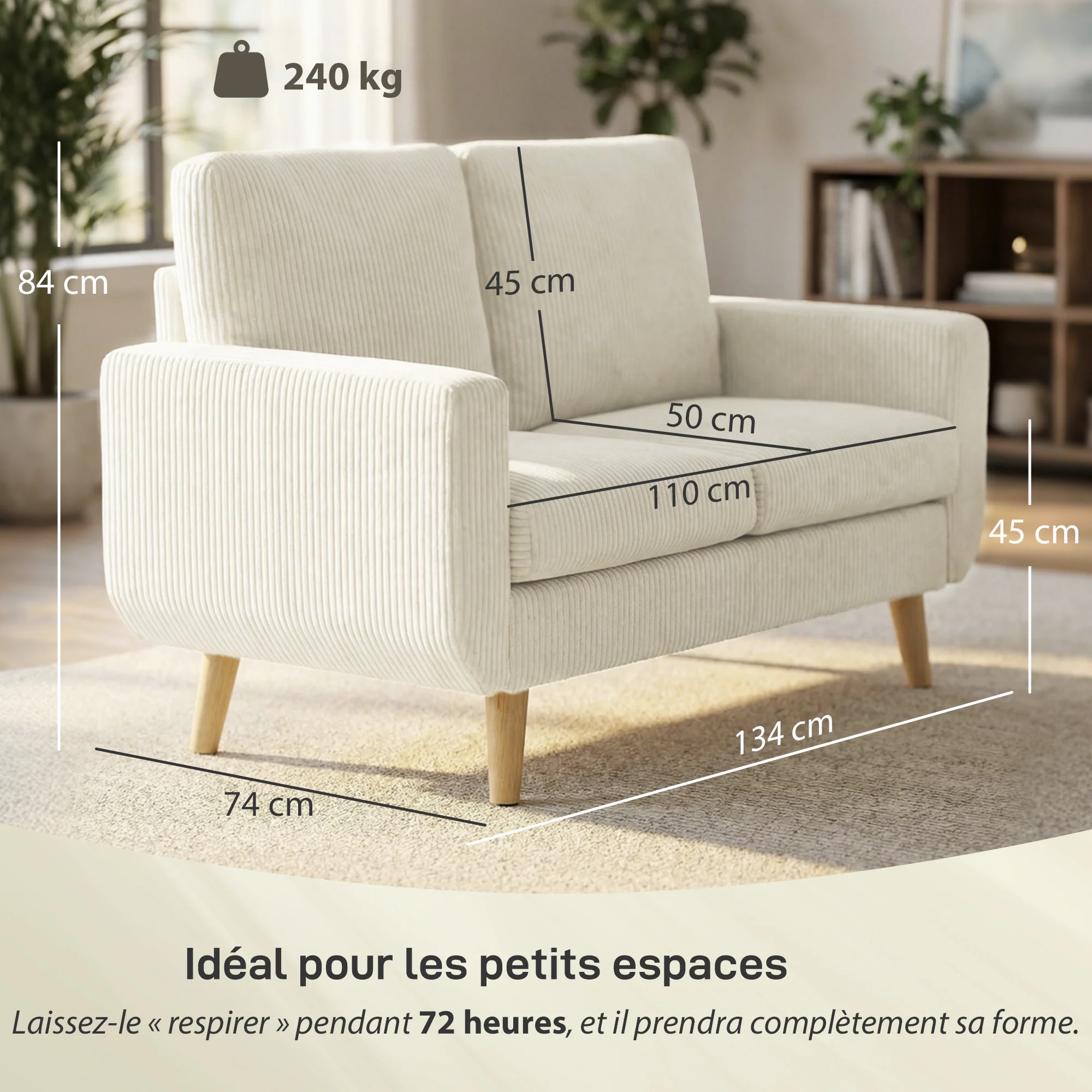 Canapé 2 places en velours c?telé, canapé de salon moderne 134 cm, assise rembourrée, coussin à ressorts, dossier épais, pieds en bois d'hévéa, pour chambre, appartement, petit espace, crème - Image 4
