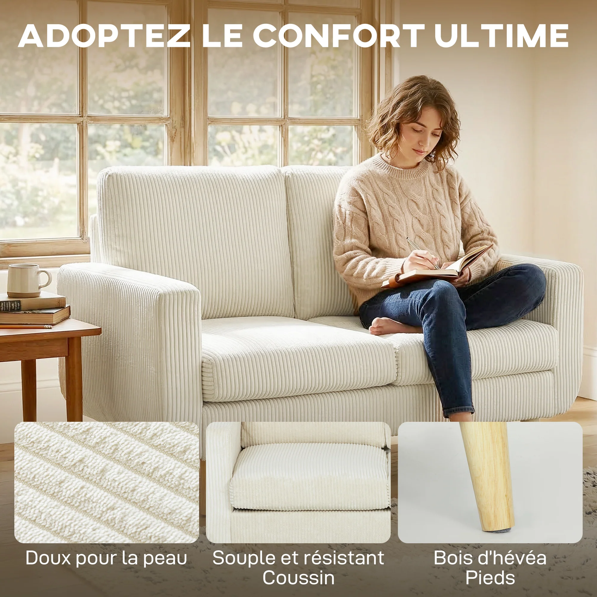 Canapé 2 places en velours c?telé, canapé de salon moderne 134 cm, assise rembourrée, coussin à ressorts, dossier épais, pieds en bois d'hévéa, pour chambre, appartement, petit espace, crème - Image 5
