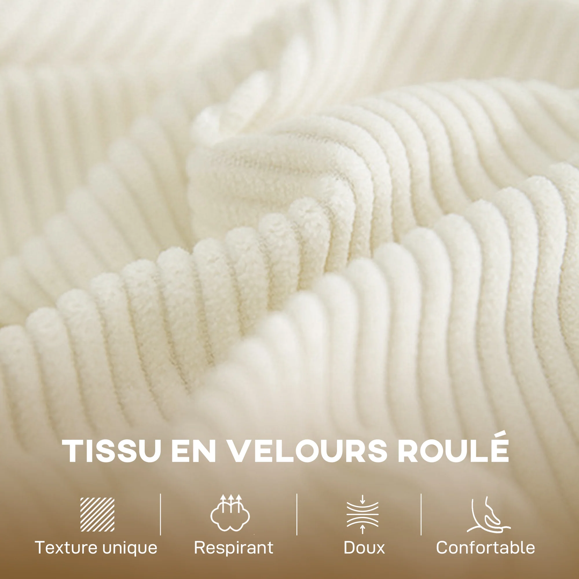 Canapé 2 places en velours c?telé, canapé de salon moderne 134 cm, assise rembourrée, coussin à ressorts, dossier épais, pieds en bois d'hévéa, pour chambre, appartement, petit espace, crème - Image 6