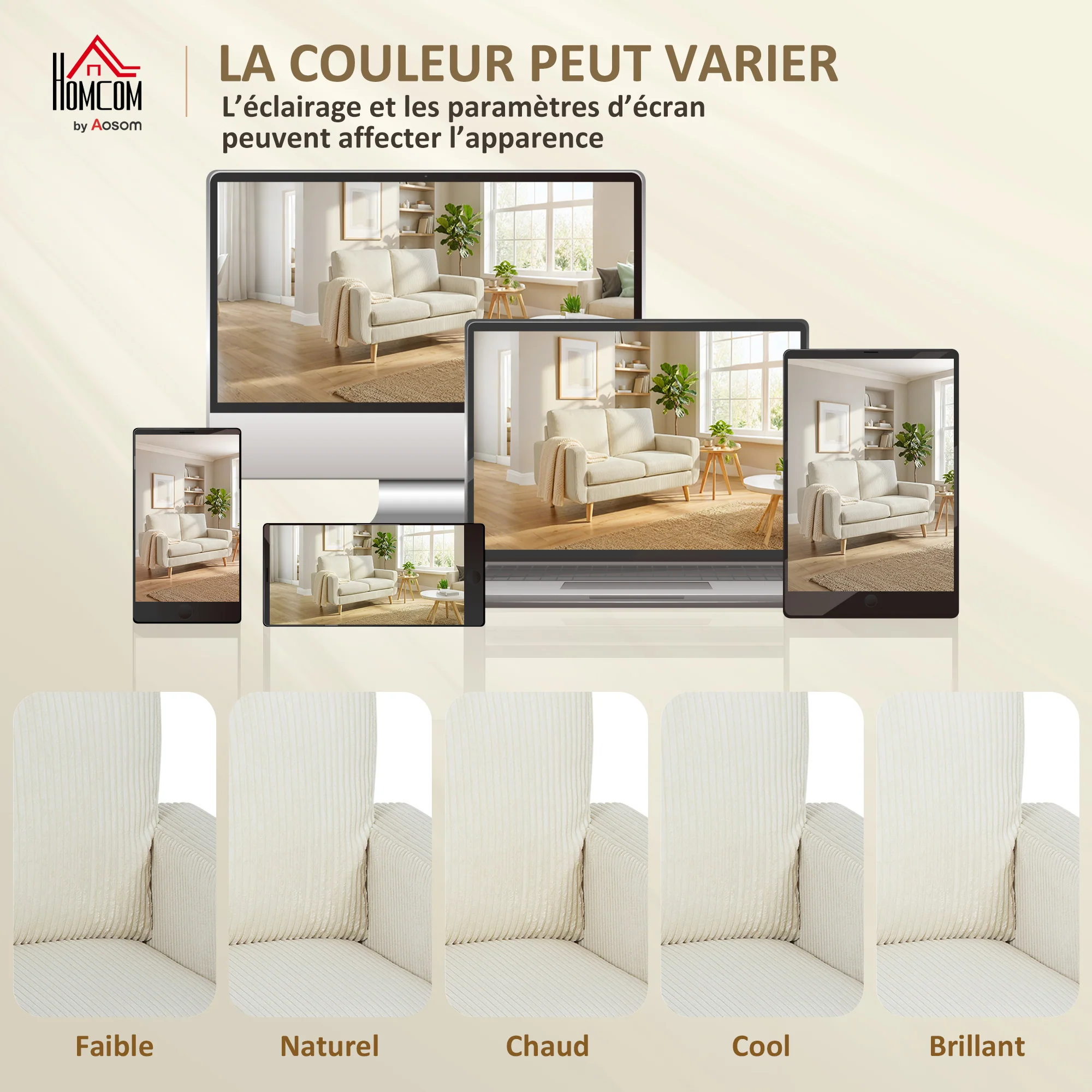 Canapé 2 places en velours c?telé, canapé de salon moderne 134 cm, assise rembourrée, coussin à ressorts, dossier épais, pieds en bois d'hévéa, pour chambre, appartement, petit espace, crème - Image 7