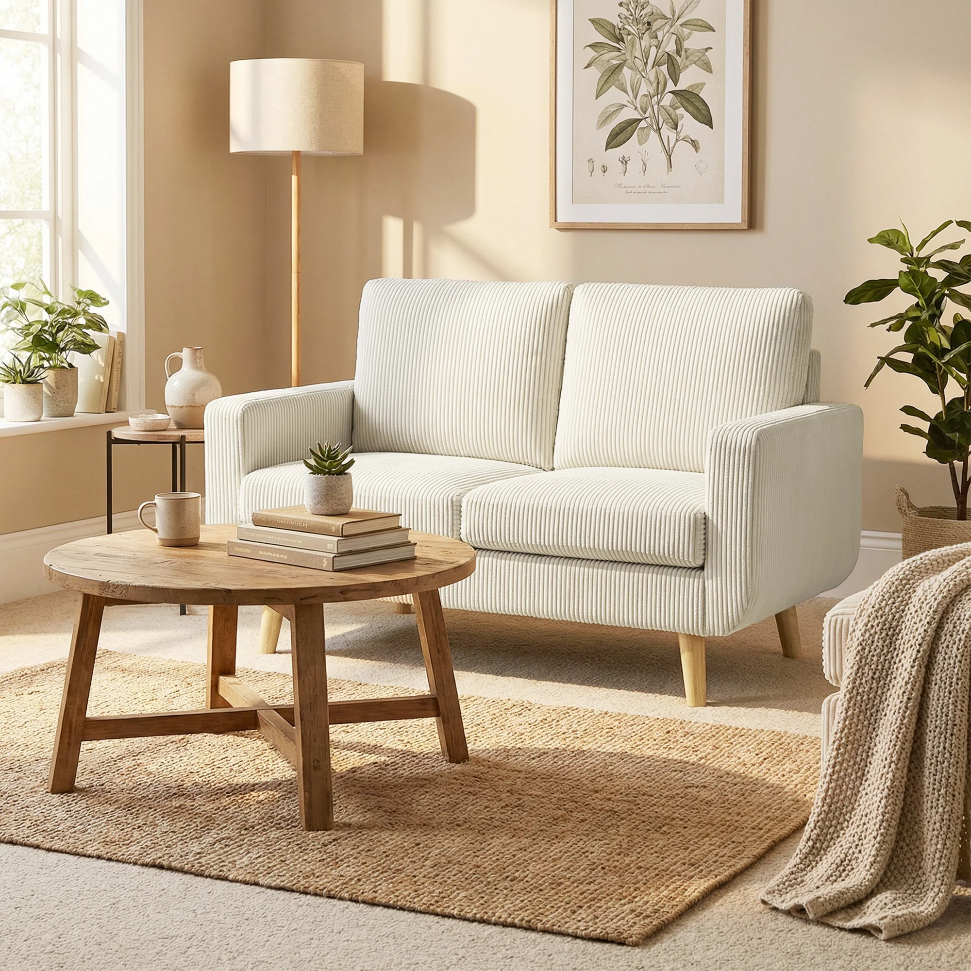 Canapé 2 places en velours c?telé, canapé de salon moderne 134 cm, assise rembourrée, coussin à ressorts, dossier épais, pieds en bois d'hévéa, pour chambre, appartement, petit espace, crème - Image 8
