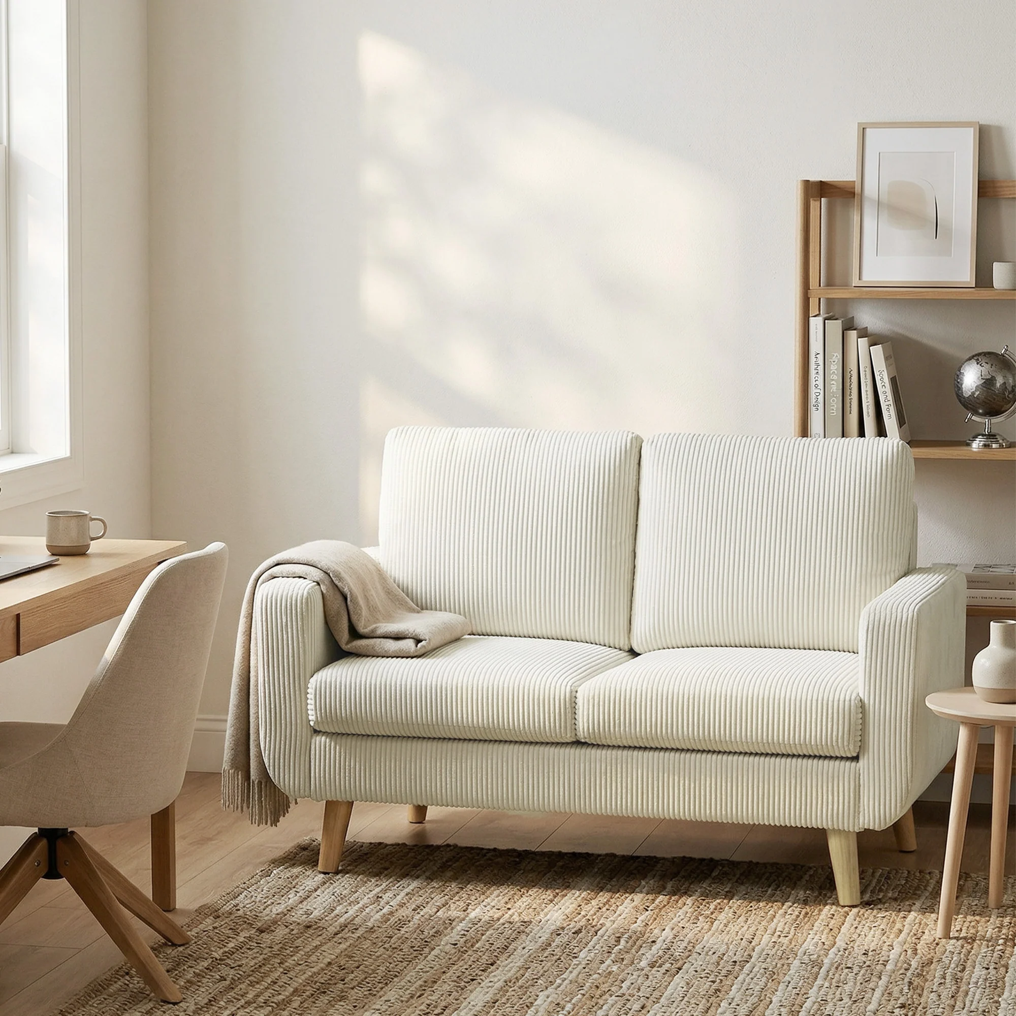 Canapé 2 places en velours c?telé, canapé de salon moderne 134 cm, assise rembourrée, coussin à ressorts, dossier épais, pieds en bois d'hévéa, pour chambre, appartement, petit espace, crème - Image 9