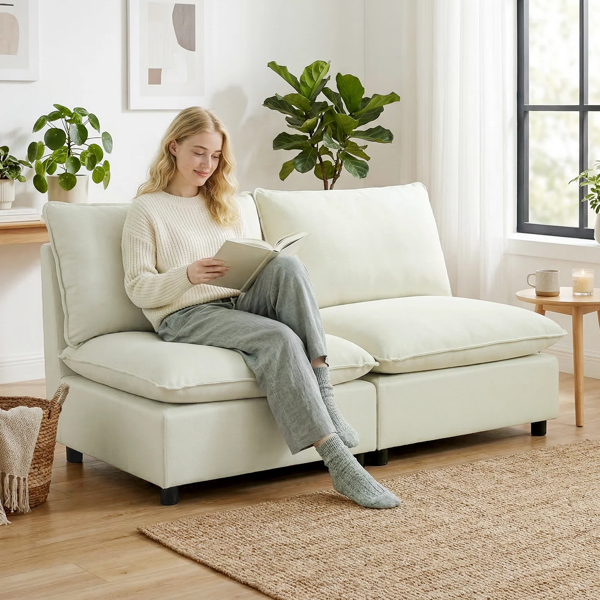 Canapé 2 places modulable, canapé de salon moderne 146 cm sans accoudoirs avec assise large, coussins épais, tissu en lin, pour chambre, appartement, petit espace, crème - Image 3