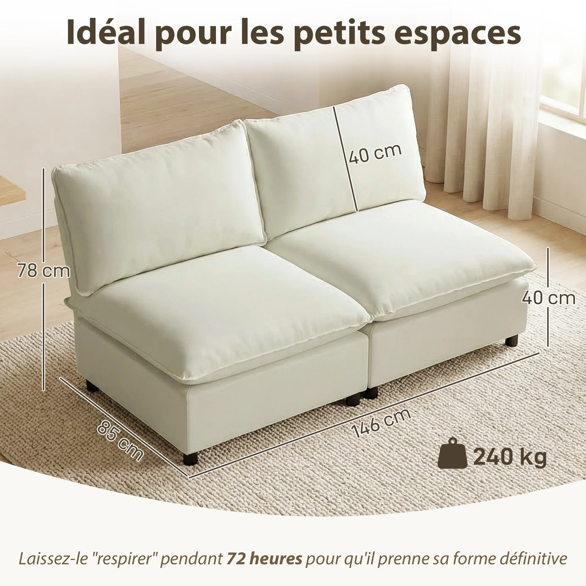 Canapé 2 places modulable, canapé de salon moderne 146 cm sans accoudoirs avec assise large, coussins épais, tissu en lin, pour chambre, appartement, petit espace, crème - Image 4