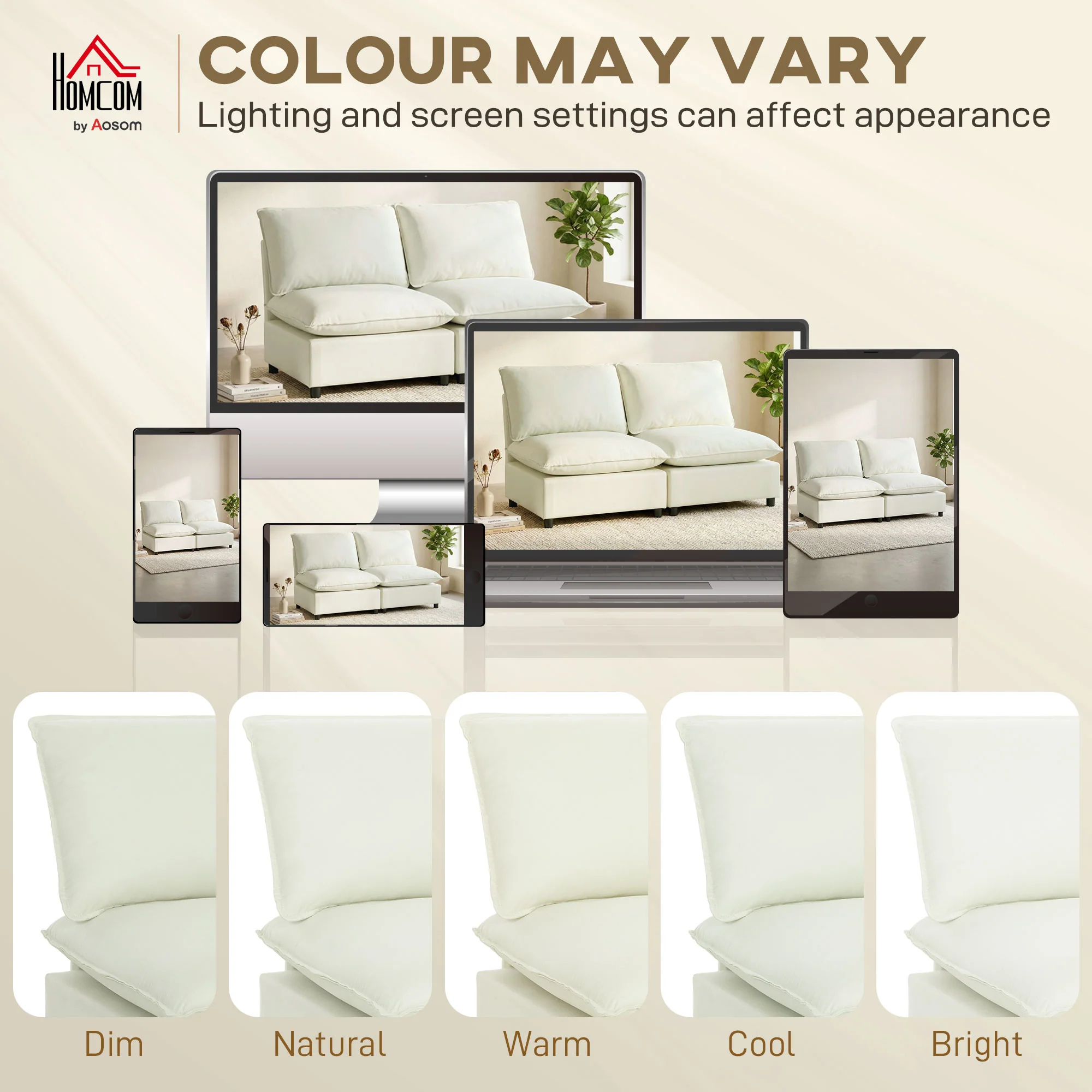 Canapé 2 places modulable, canapé de salon moderne 146 cm sans accoudoirs avec assise large, coussins épais, tissu en lin, pour chambre, appartement, petit espace, crème - Image 5