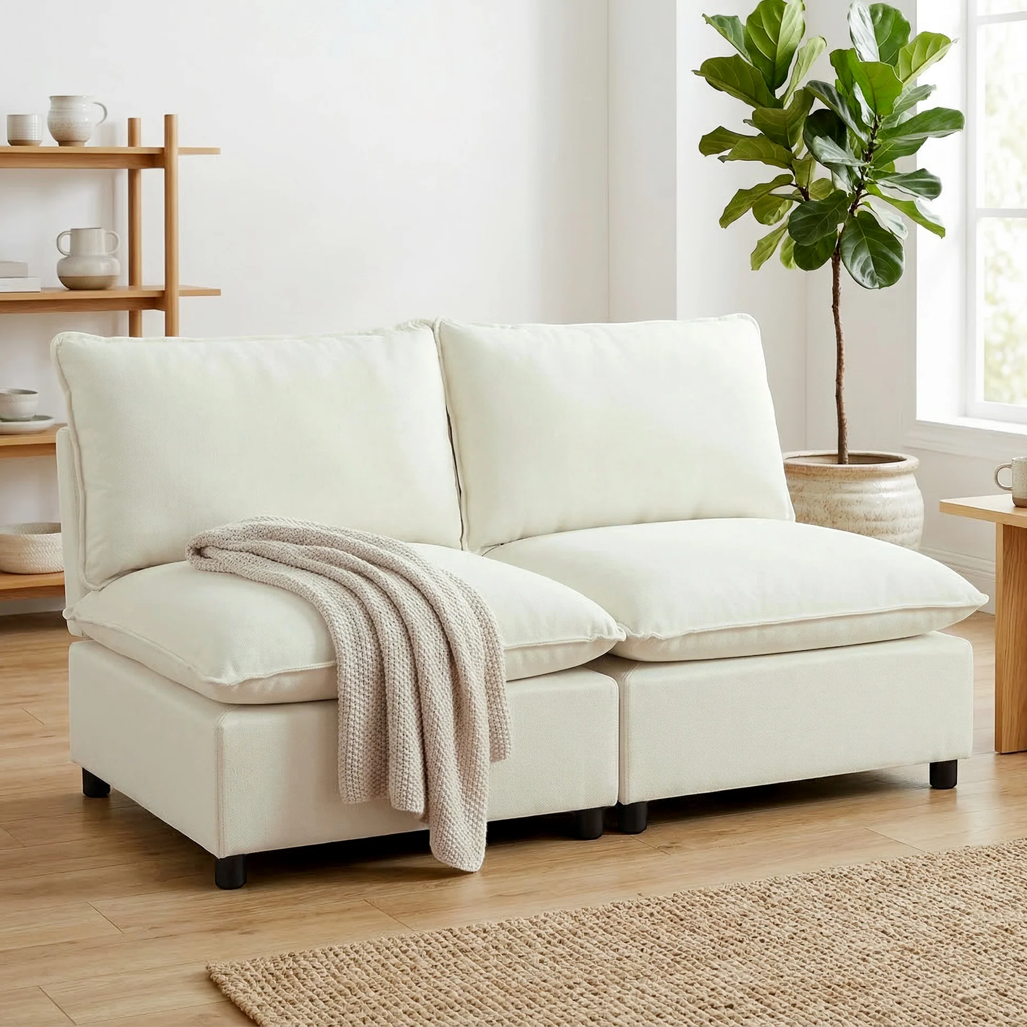 Canapé 2 places modulable, canapé de salon moderne 146 cm sans accoudoirs avec assise large, coussins épais, tissu en lin, pour chambre, appartement, petit espace, crème - Image 7