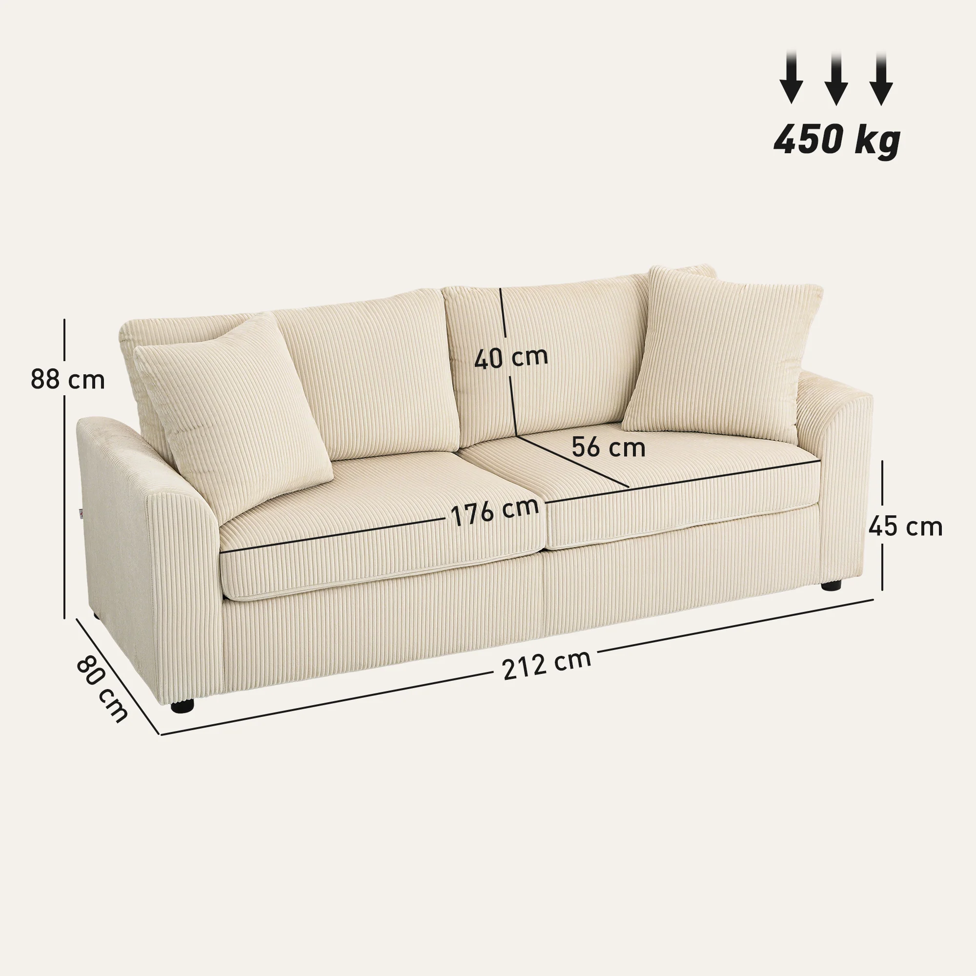 Canapé 3 place velours c?telé 210 cm, design moderne, 2 oreillers inclus, coussins à ressorts, accoudoirs et dossier rembourrés, pour salon, chambre, bureau, crème - Image 4