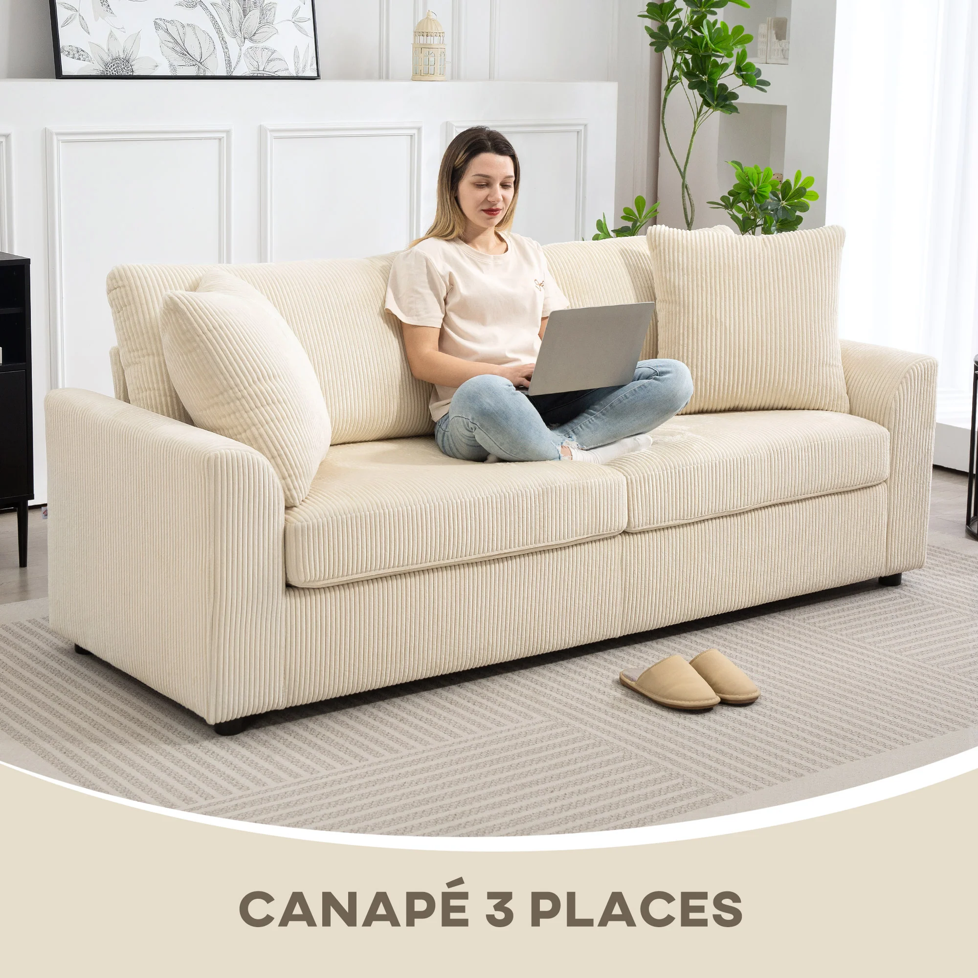 Canapé 3 place velours c?telé 210 cm, design moderne, 2 oreillers inclus, coussins à ressorts, accoudoirs et dossier rembourrés, pour salon, chambre, bureau, crème - Image 5