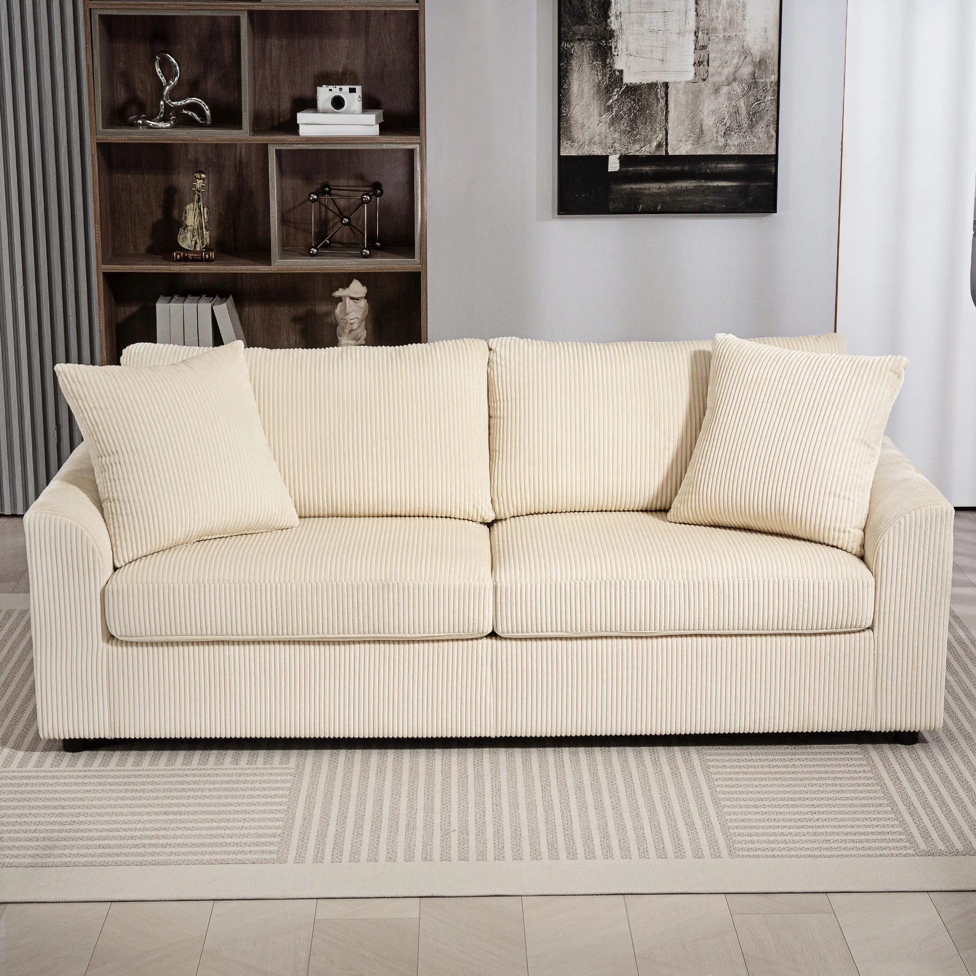 Canapé 3 place velours c?telé 210 cm, design moderne, 2 oreillers inclus, coussins à ressorts, accoudoirs et dossier rembourrés, pour salon, chambre, bureau, crème - Image 9