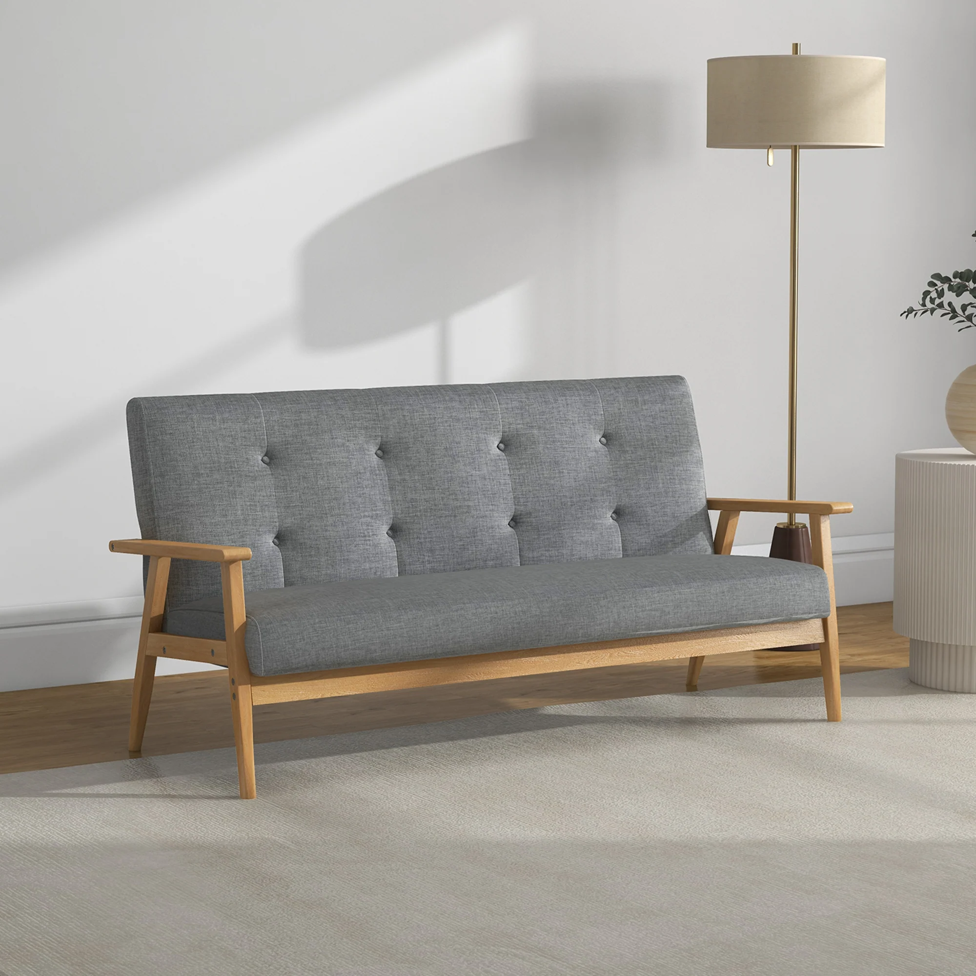 Canapé 3 places 154,5, canapé scandinave avec dossier capitonné, assise rembourrée et accoudoirs, pieds en bois d'hévéa, pour salon, chambre, petit espace, gris - Image 10