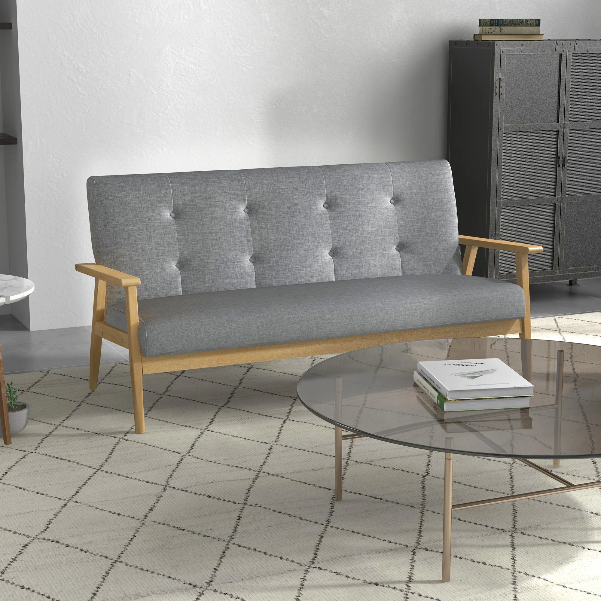 Canapé 3 places 154,5, canapé scandinave avec dossier capitonné, assise rembourrée et accoudoirs, pieds en bois d'hévéa, pour salon, chambre, petit espace, gris - Image 3