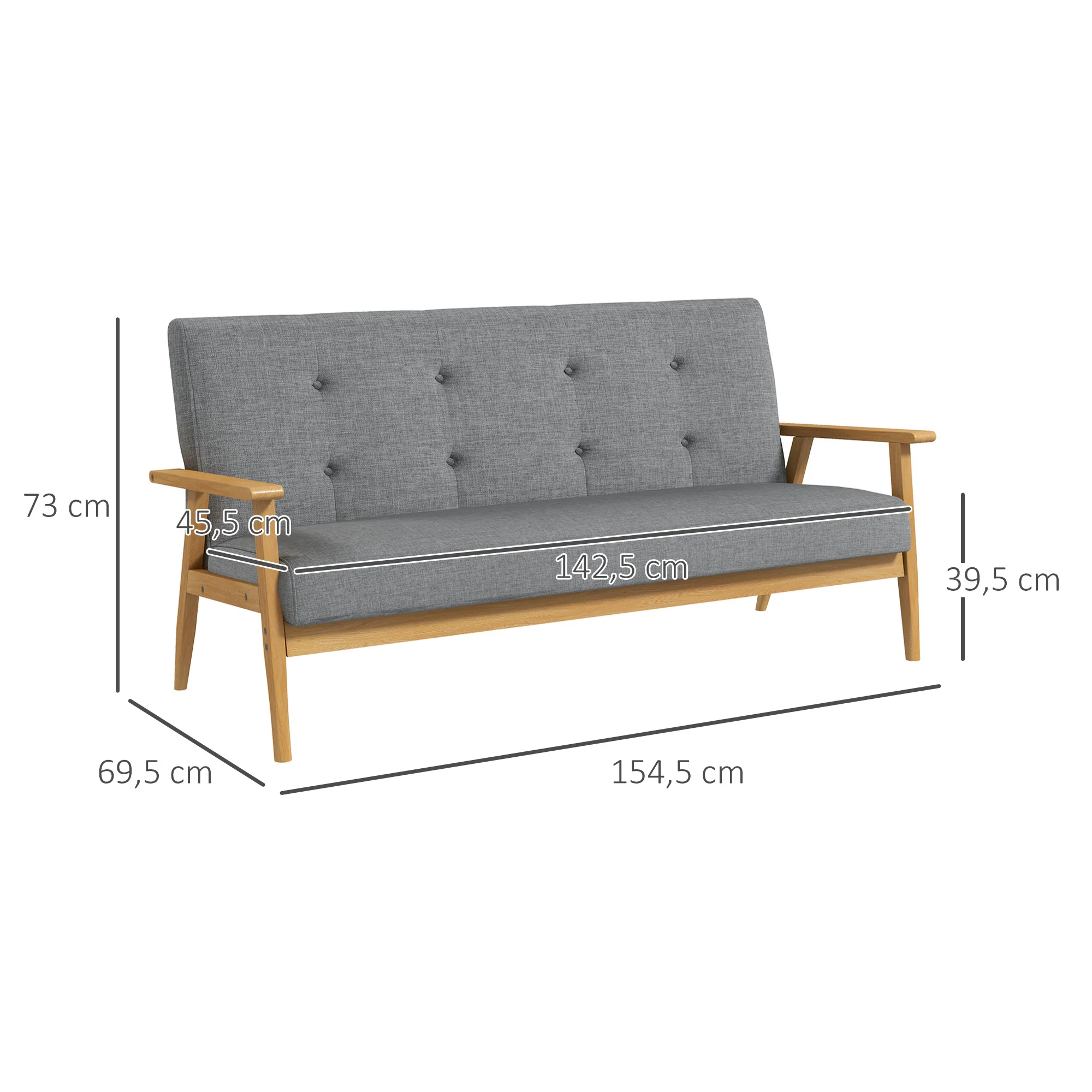 Canapé 3 places 154,5, canapé scandinave avec dossier capitonné, assise rembourrée et accoudoirs, pieds en bois d'hévéa, pour salon, chambre, petit espace, gris - Image 4