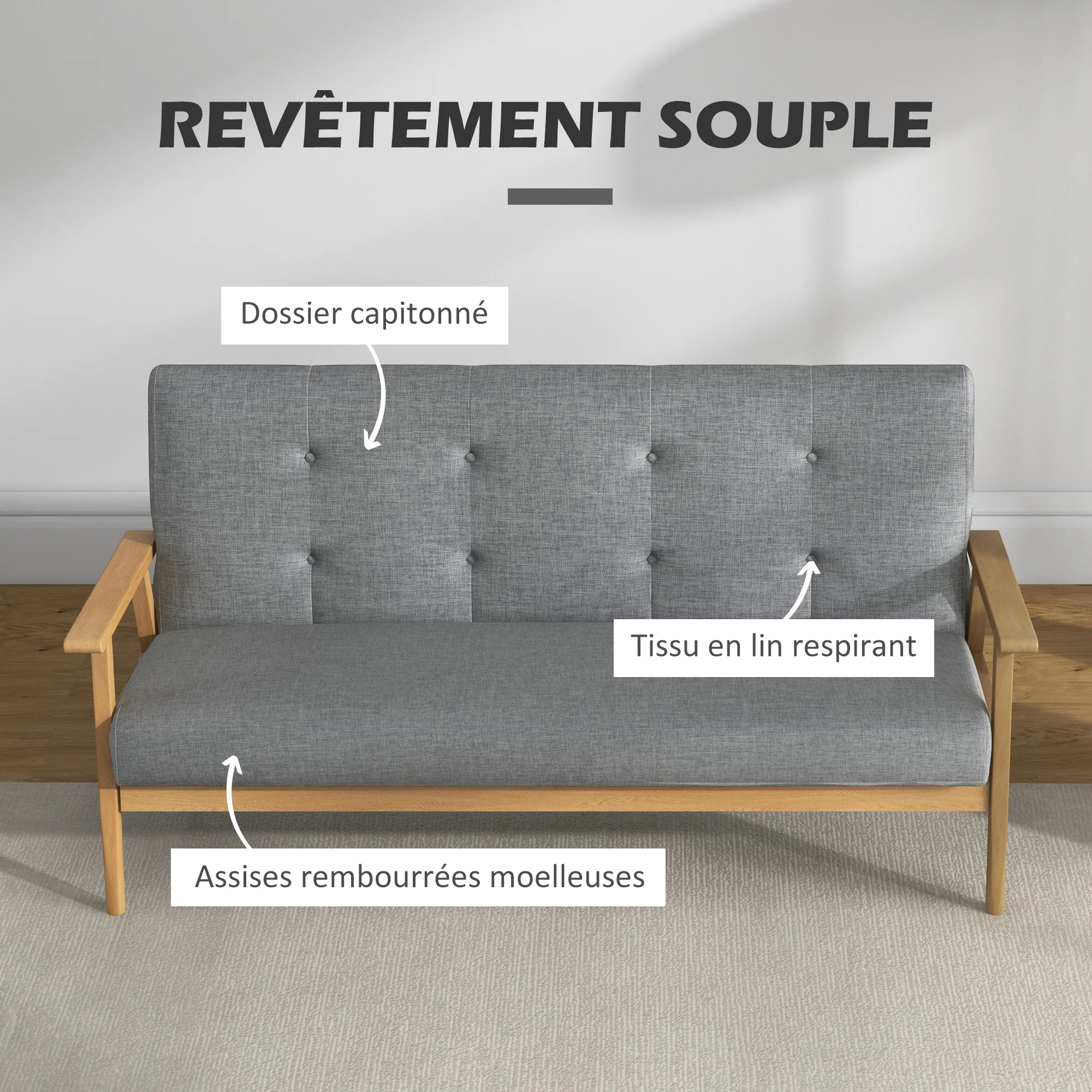 Canapé 3 places 154,5, canapé scandinave avec dossier capitonné, assise rembourrée et accoudoirs, pieds en bois d'hévéa, pour salon, chambre, petit espace, gris - Image 5