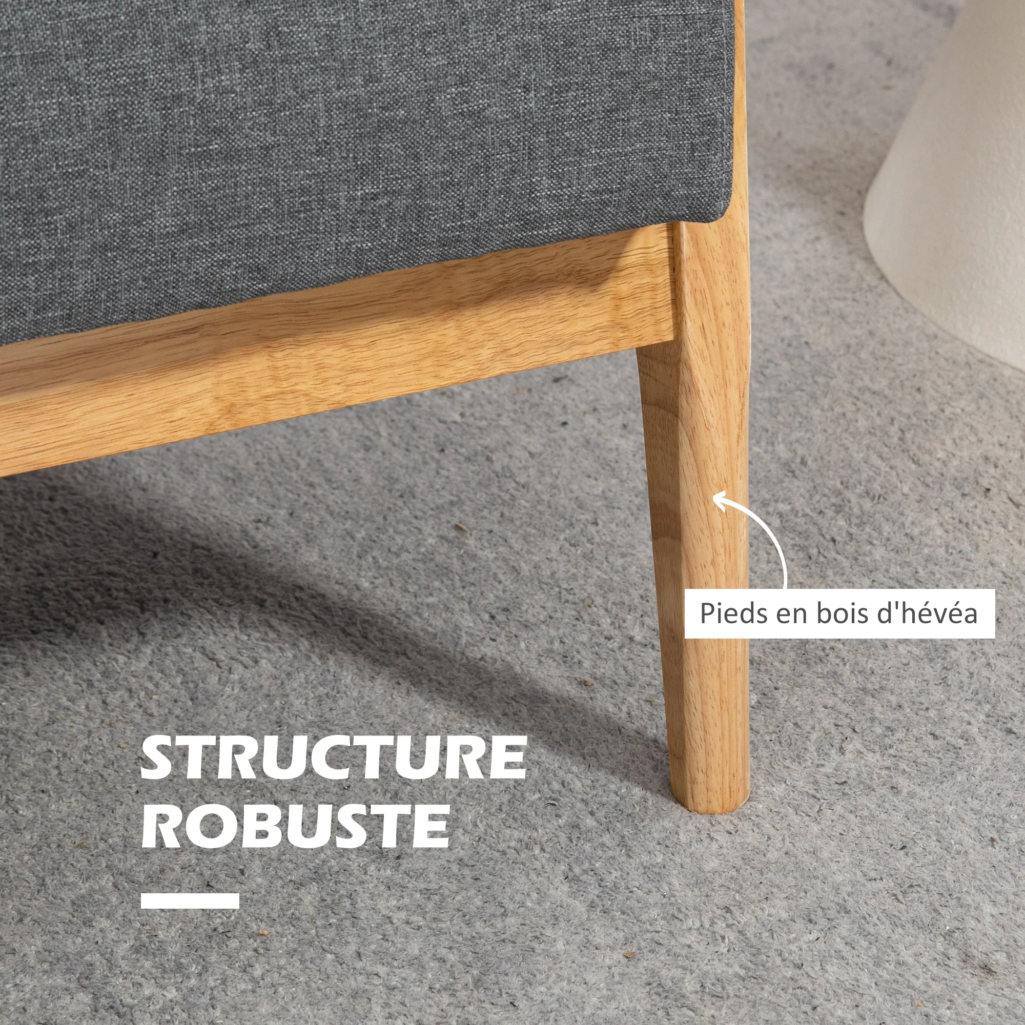 Canapé 3 places 154,5, canapé scandinave avec dossier capitonné, assise rembourrée et accoudoirs, pieds en bois d'hévéa, pour salon, chambre, petit espace, gris - Image 6