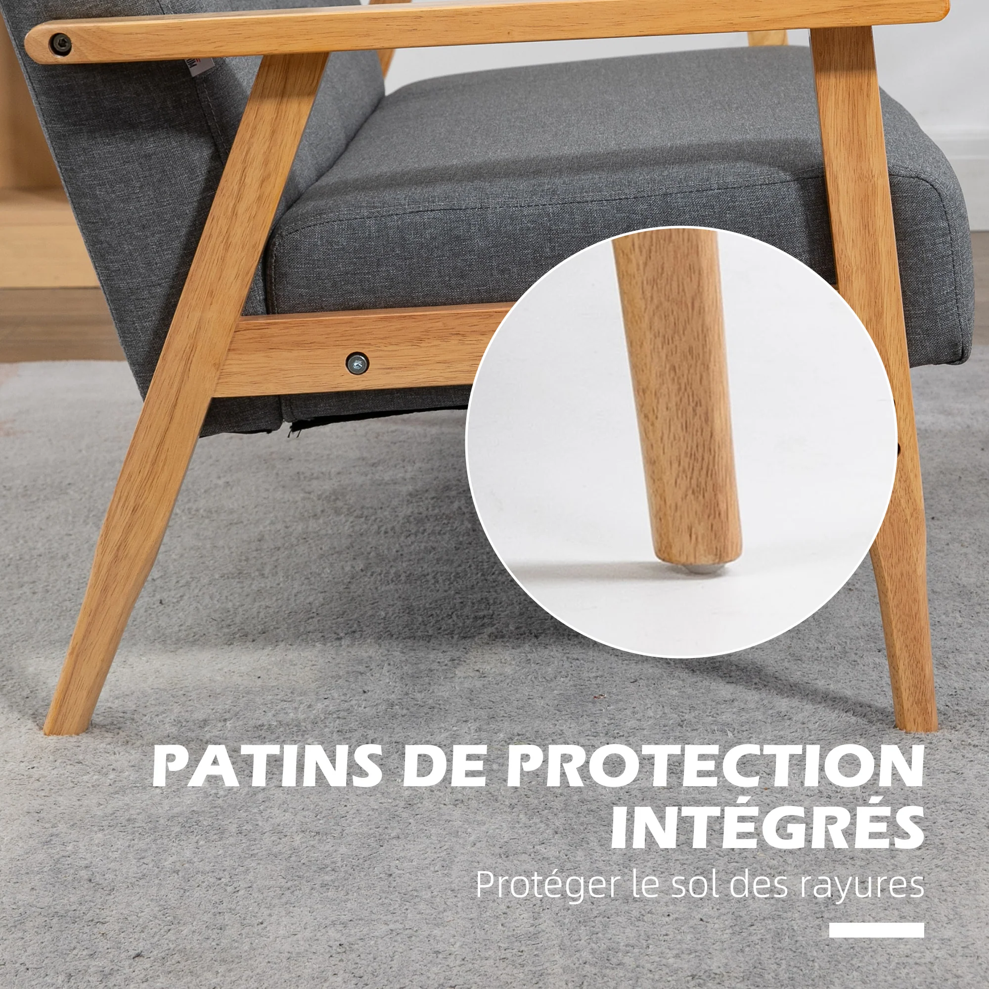Canapé 3 places 154,5, canapé scandinave avec dossier capitonné, assise rembourrée et accoudoirs, pieds en bois d'hévéa, pour salon, chambre, petit espace, gris - Image 7