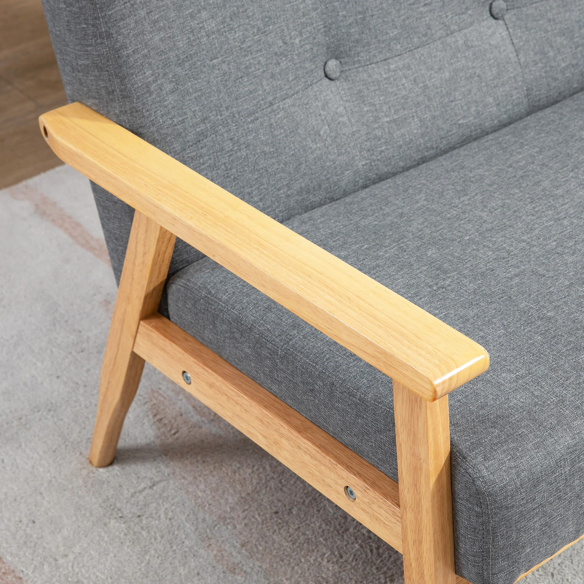Canapé 3 places 154,5, canapé scandinave avec dossier capitonné, assise rembourrée et accoudoirs, pieds en bois d'hévéa, pour salon, chambre, petit espace, gris - Image 8