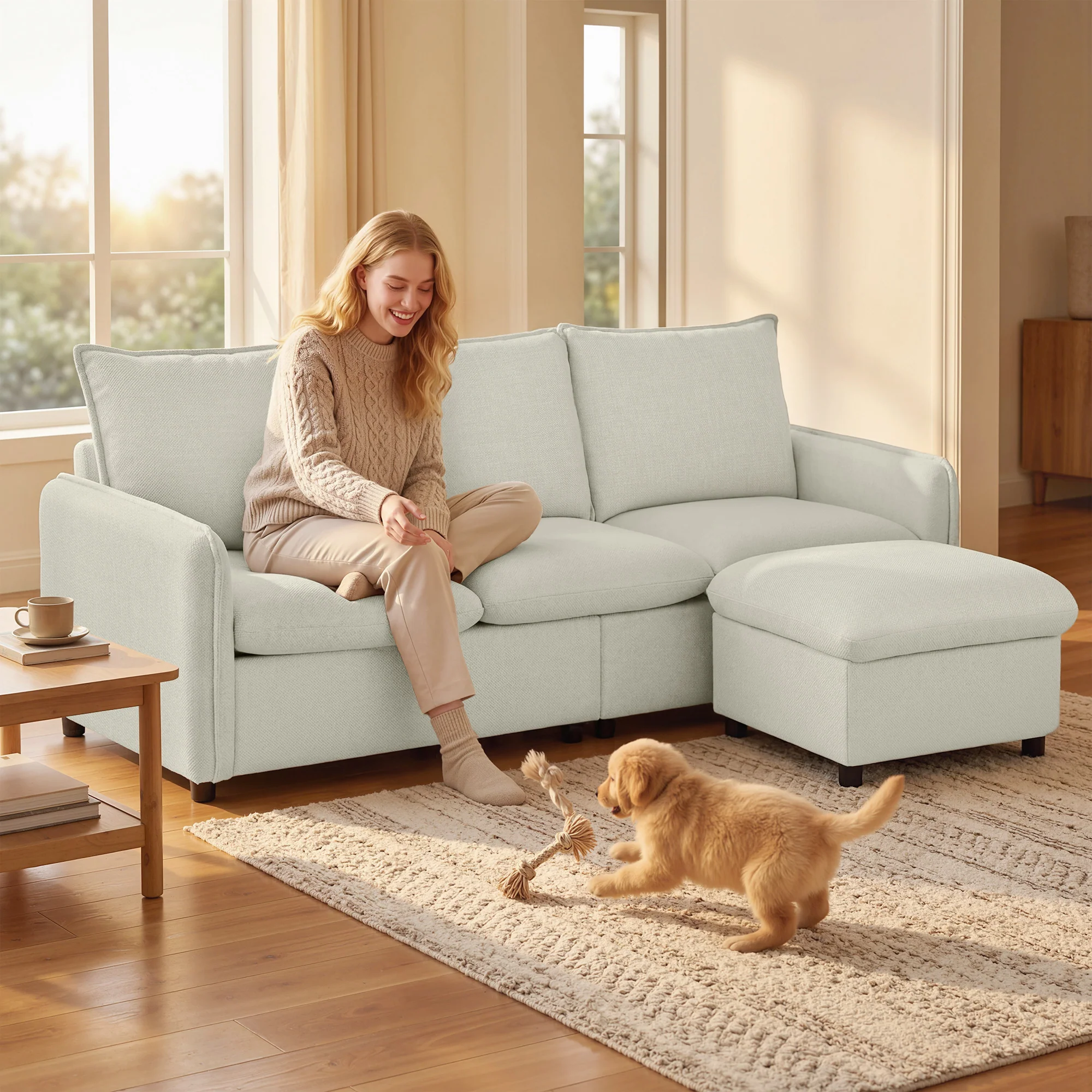 Canapé 3 places avec pouf de rangement, canapé d'angle modulable 212 cm, design moderne, assise rembourrée, coussins à ressorts, tissu en lin, pour salon, chambre, bureau, crème - Image 3