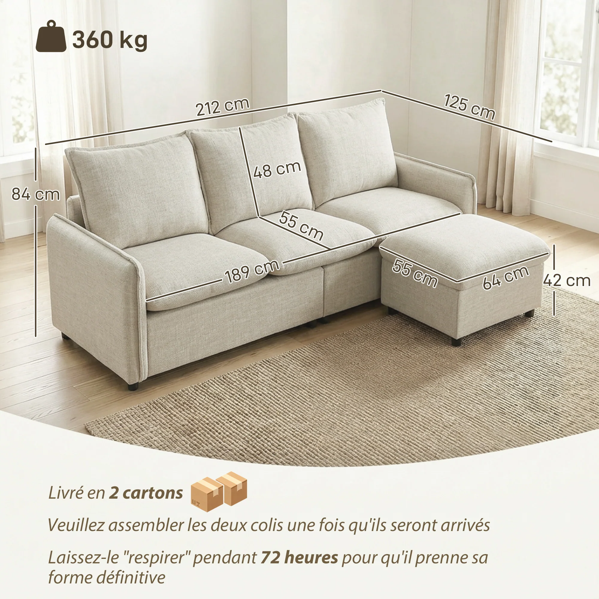 Canapé 3 places avec pouf de rangement, canapé d'angle modulable 212 cm, design moderne, assise rembourrée, coussins à ressorts, tissu en lin, pour salon, chambre, bureau, crème - Image 4