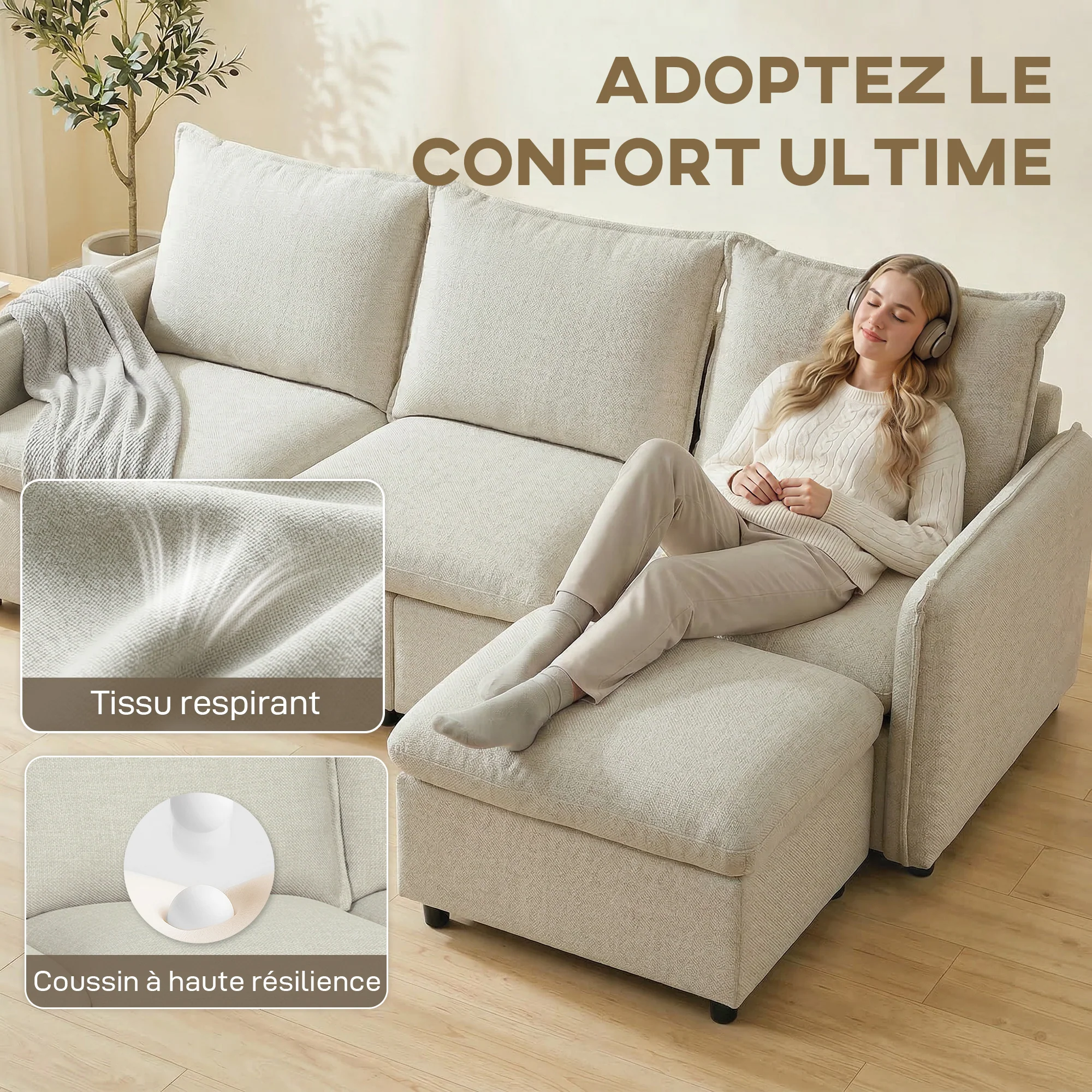 Canapé 3 places avec pouf de rangement, canapé d'angle modulable 212 cm, design moderne, assise rembourrée, coussins à ressorts, tissu en lin, pour salon, chambre, bureau, crème - Image 5