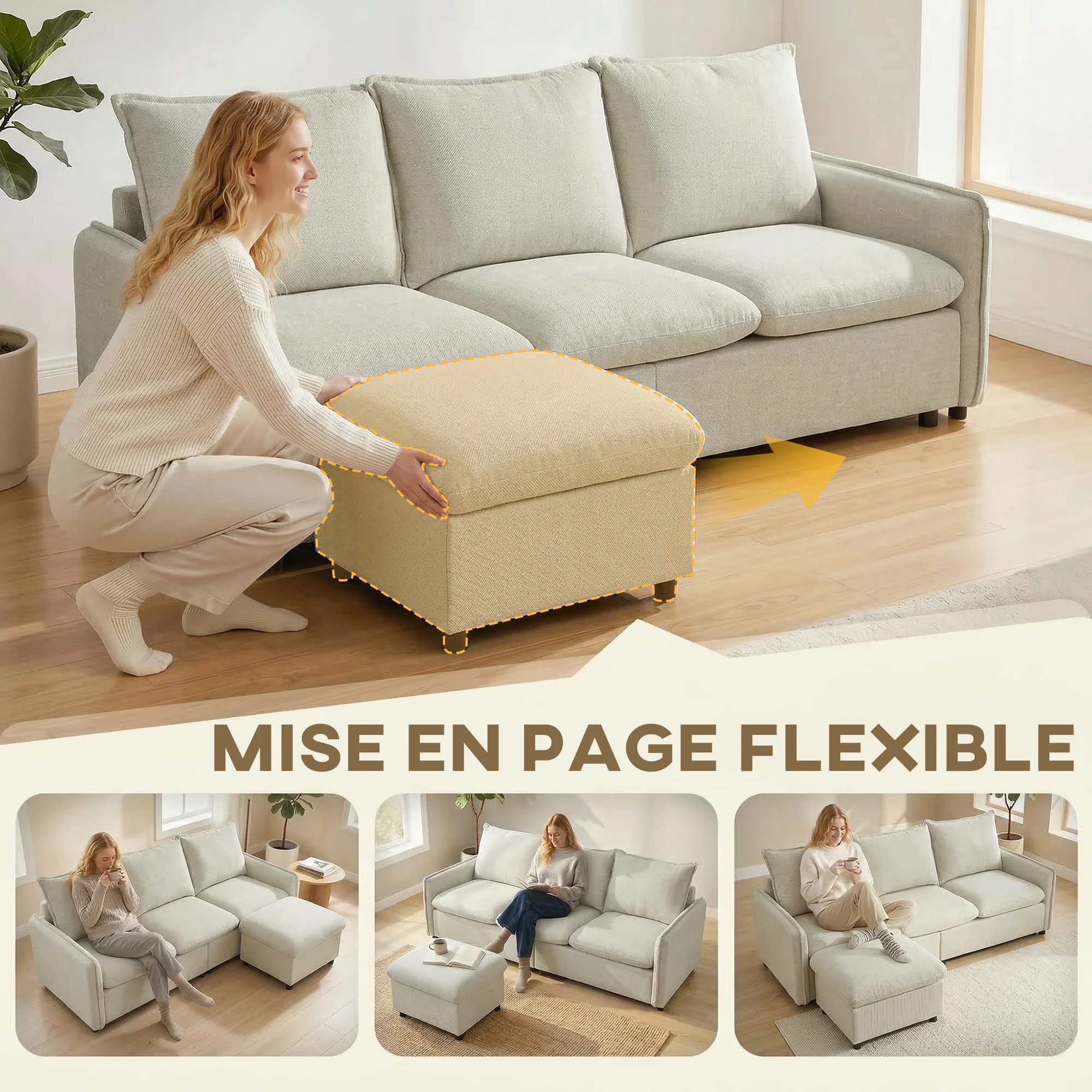 Canapé 3 places avec pouf de rangement, canapé d'angle modulable 212 cm, design moderne, assise rembourrée, coussins à ressorts, tissu en lin, pour salon, chambre, bureau, crème - Image 6