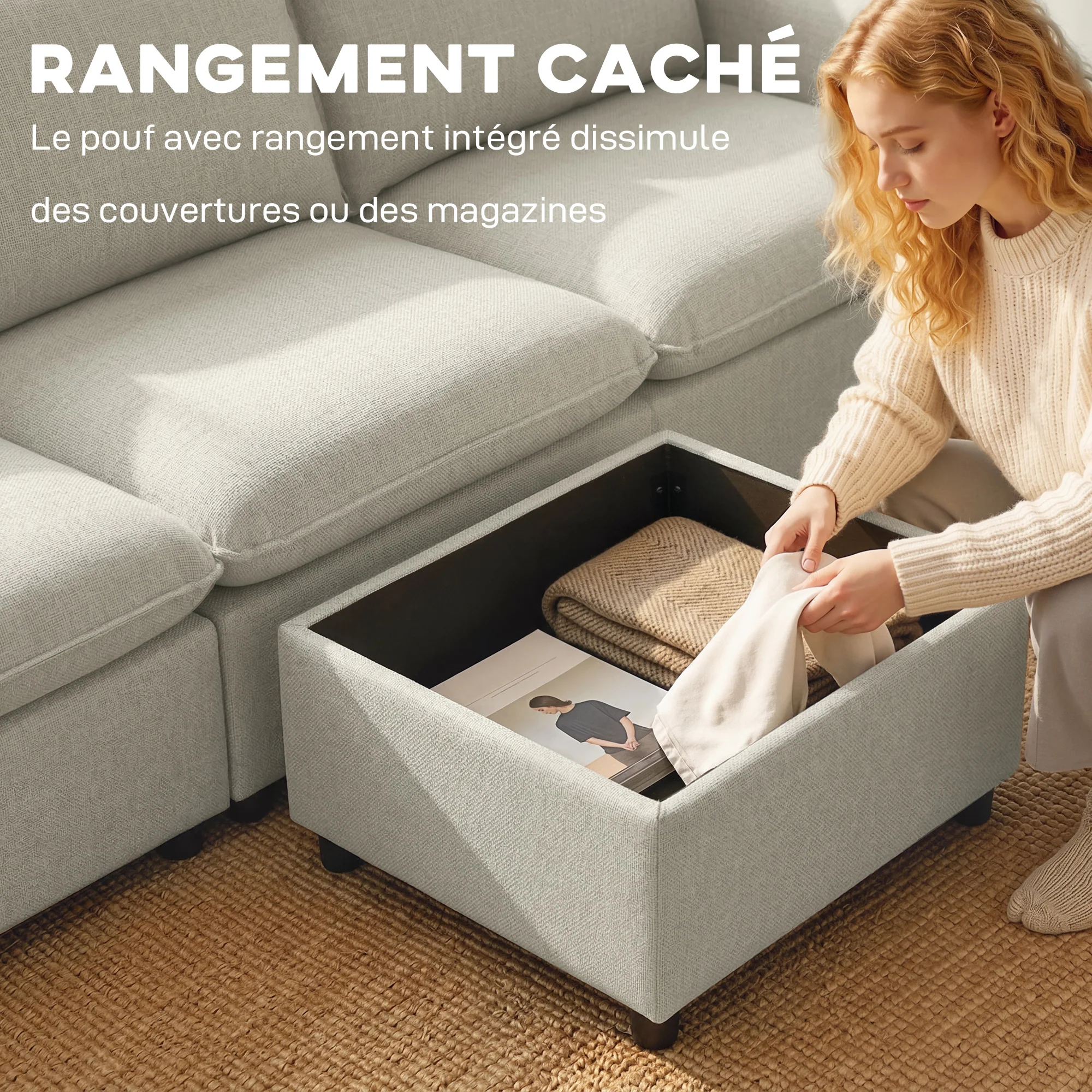 Canapé 3 places avec pouf de rangement, canapé d'angle modulable 212 cm, design moderne, assise rembourrée, coussins à ressorts, tissu en lin, pour salon, chambre, bureau, crème - Image 7
