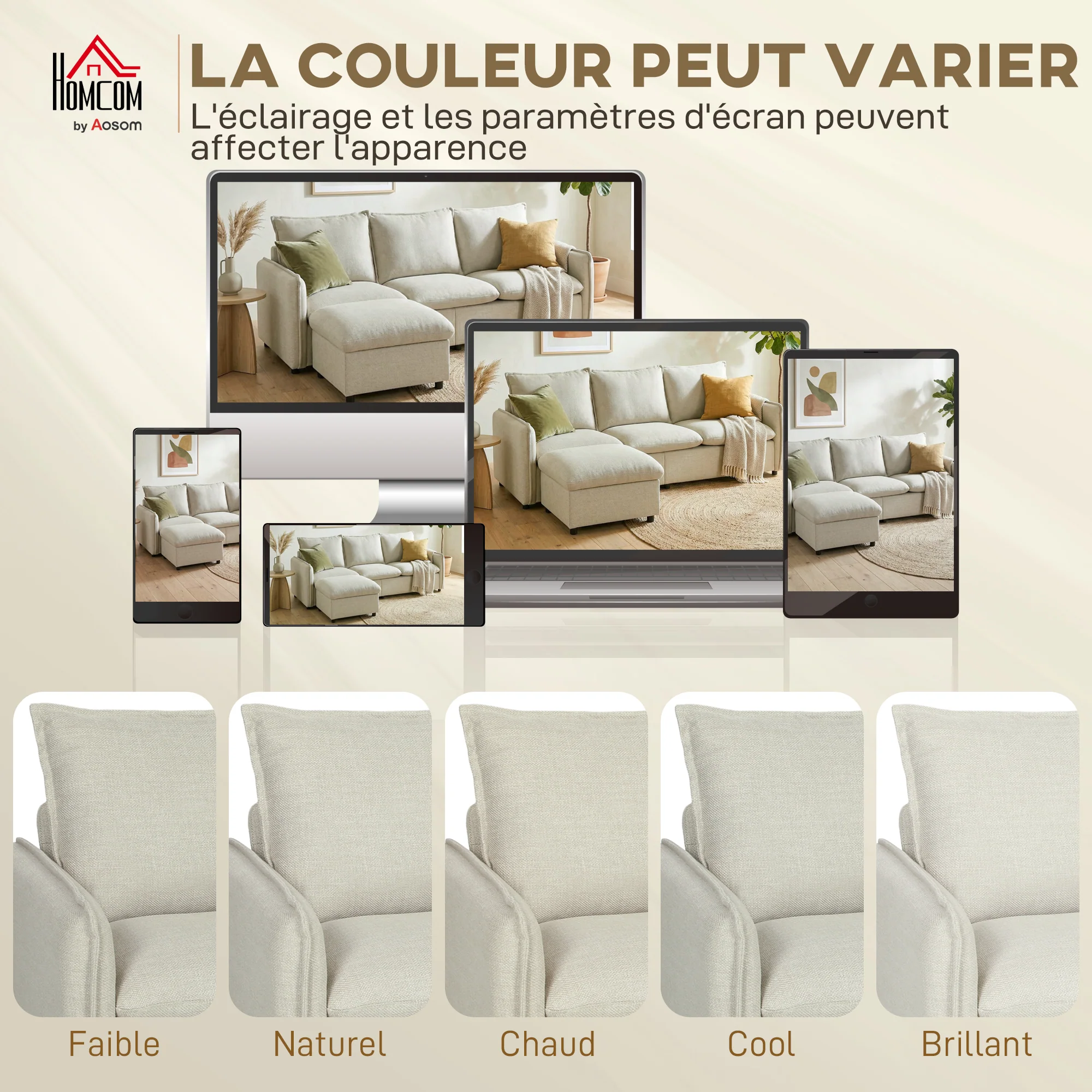 Canapé 3 places avec pouf de rangement, canapé d'angle modulable 212 cm, design moderne, assise rembourrée, coussins à ressorts, tissu en lin, pour salon, chambre, bureau, crème - Image 8