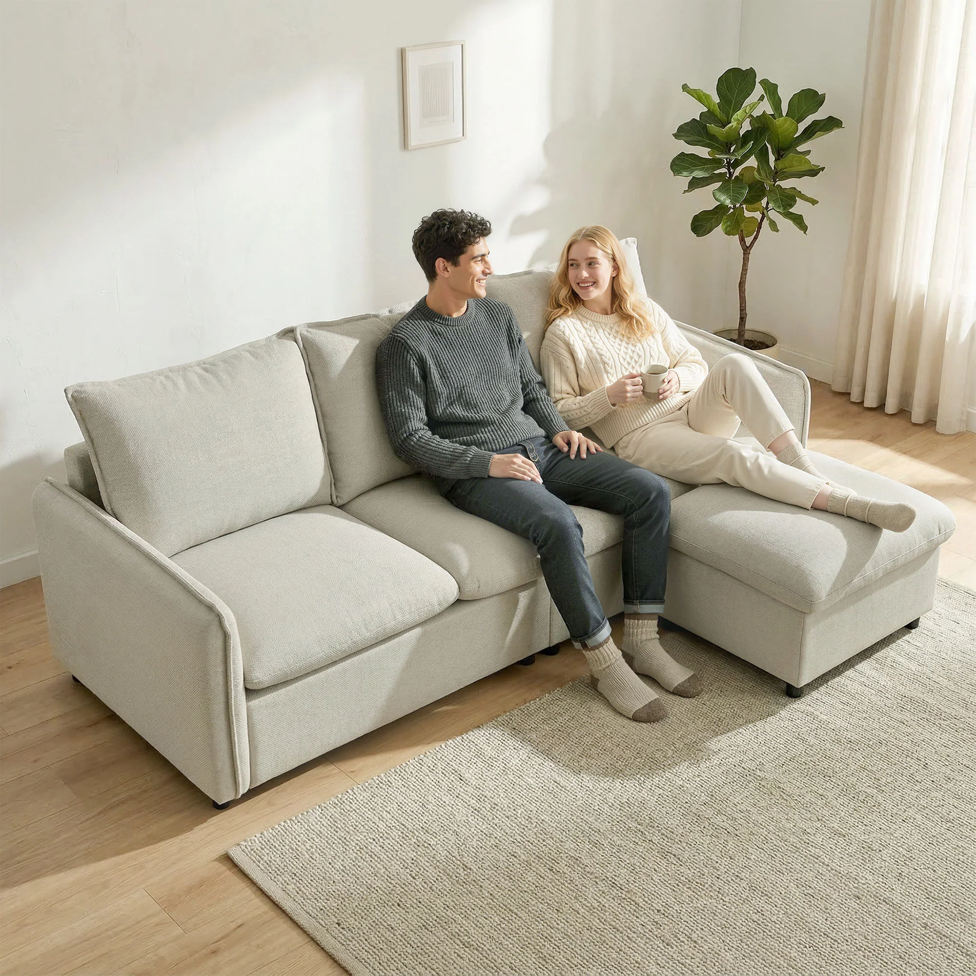 Canapé 3 places avec pouf de rangement, canapé d'angle modulable 212 cm, design moderne, assise rembourrée, coussins à ressorts, tissu en lin, pour salon, chambre, bureau, crème - Image 9