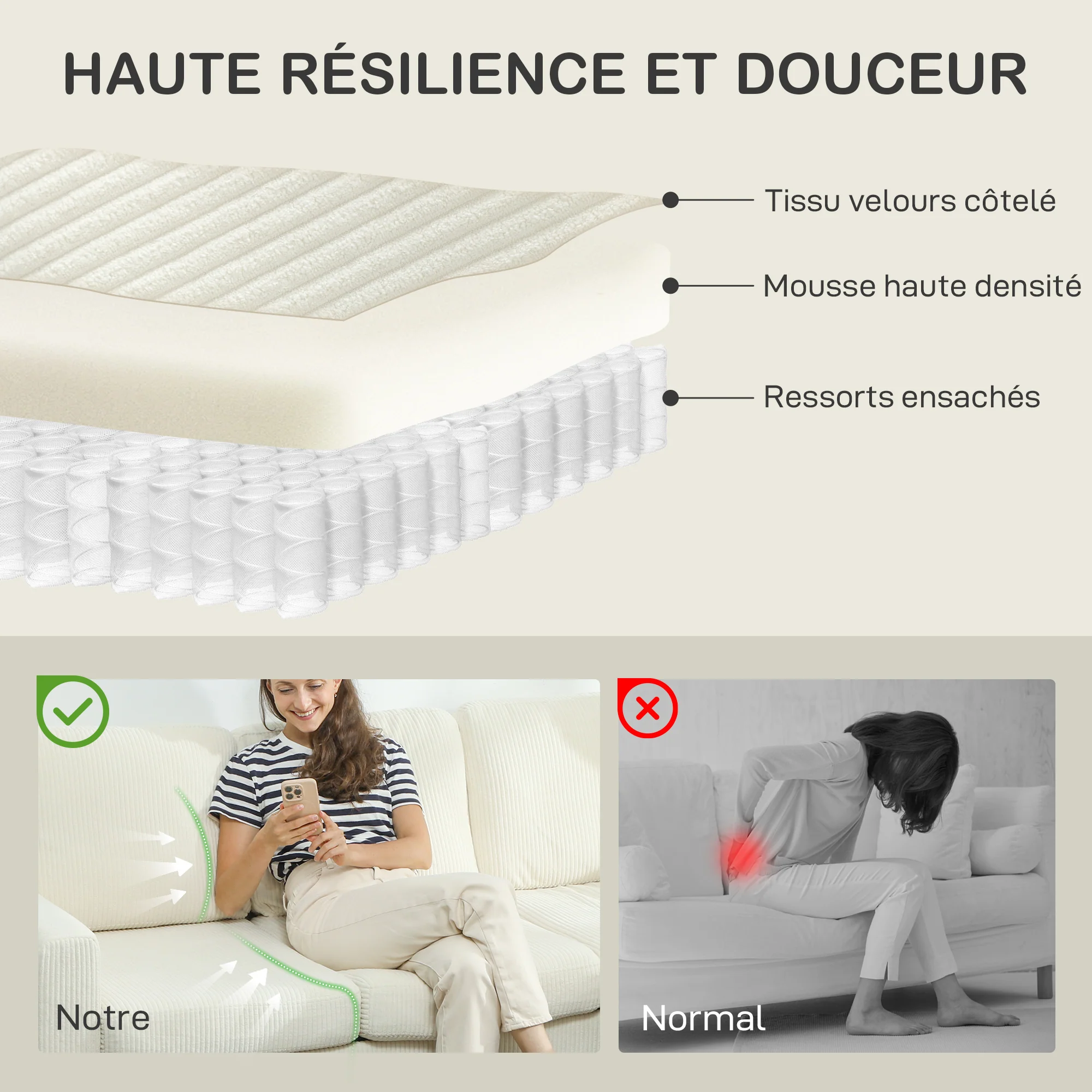 Canapé 3 places avec repose-pieds, canapé en velours c?telé 192 cm, design moderne, tabouret de rangement, coussins à ressorts, assise et dossier rembourrés, pour salon, chambre, bureau, beige - Image 6