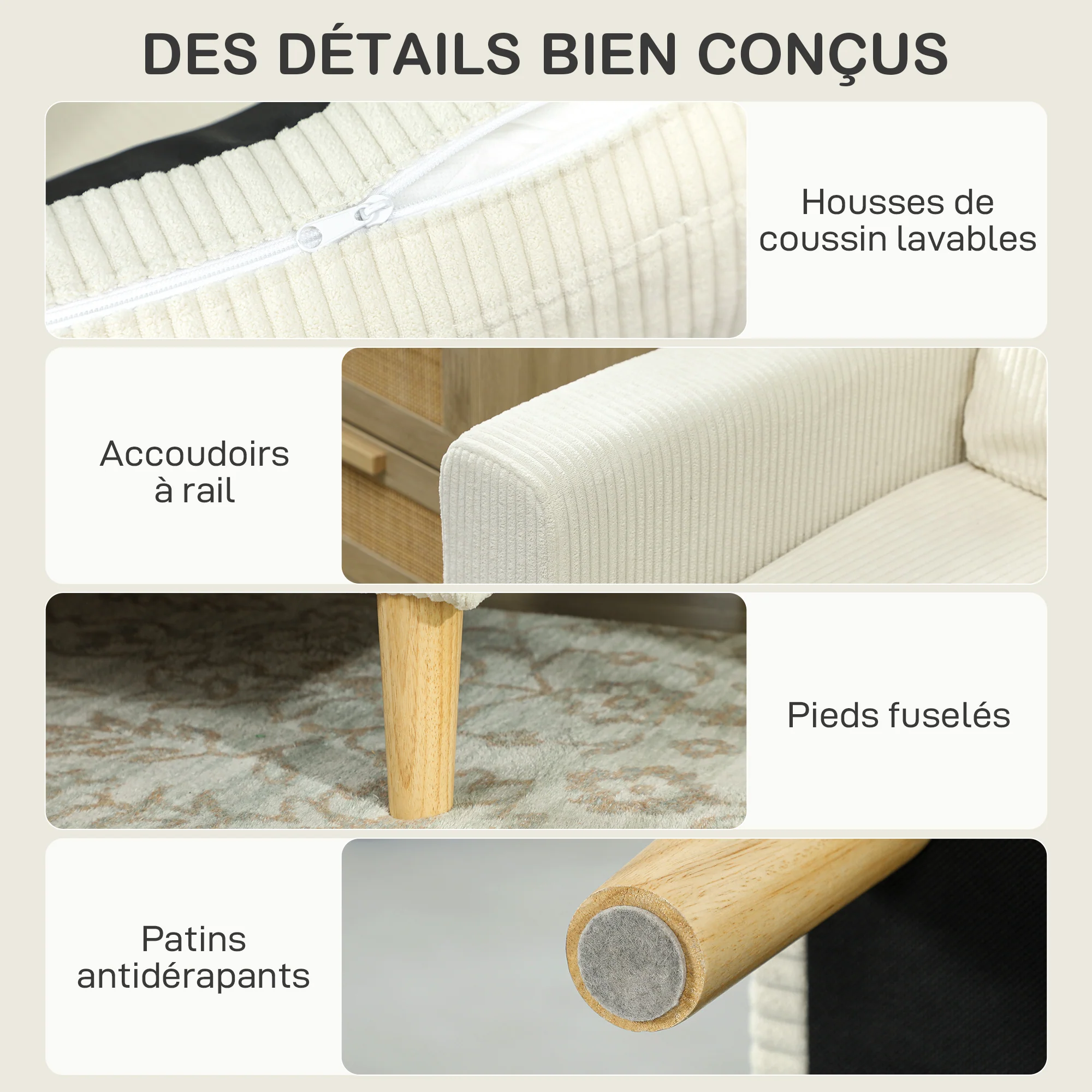 Canapé 3 places avec repose-pieds, canapé en velours c?telé 192 cm, design moderne, tabouret de rangement, coussins à ressorts, assise et dossier rembourrés, pour salon, chambre, bureau, beige - Image 8