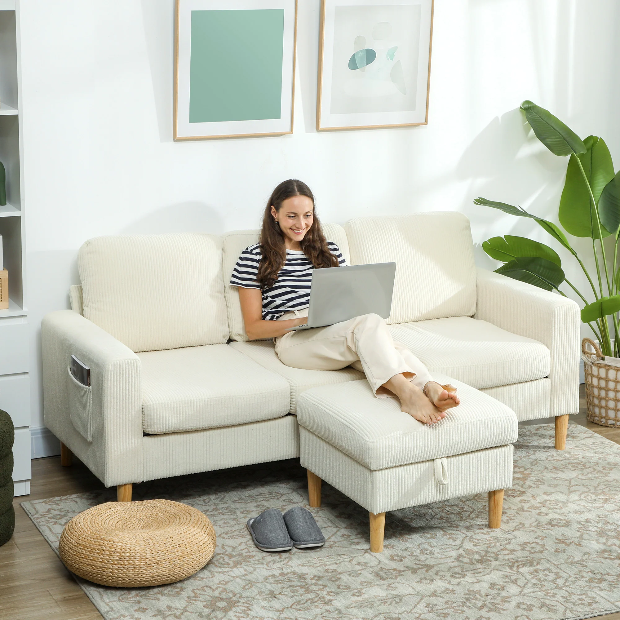 Canapé 3 places avec repose-pieds, canapé en velours c?telé 192 cm, design moderne, tabouret de rangement, coussins à ressorts, assise et dossier rembourrés, pour salon, chambre, bureau, beige - Image 9