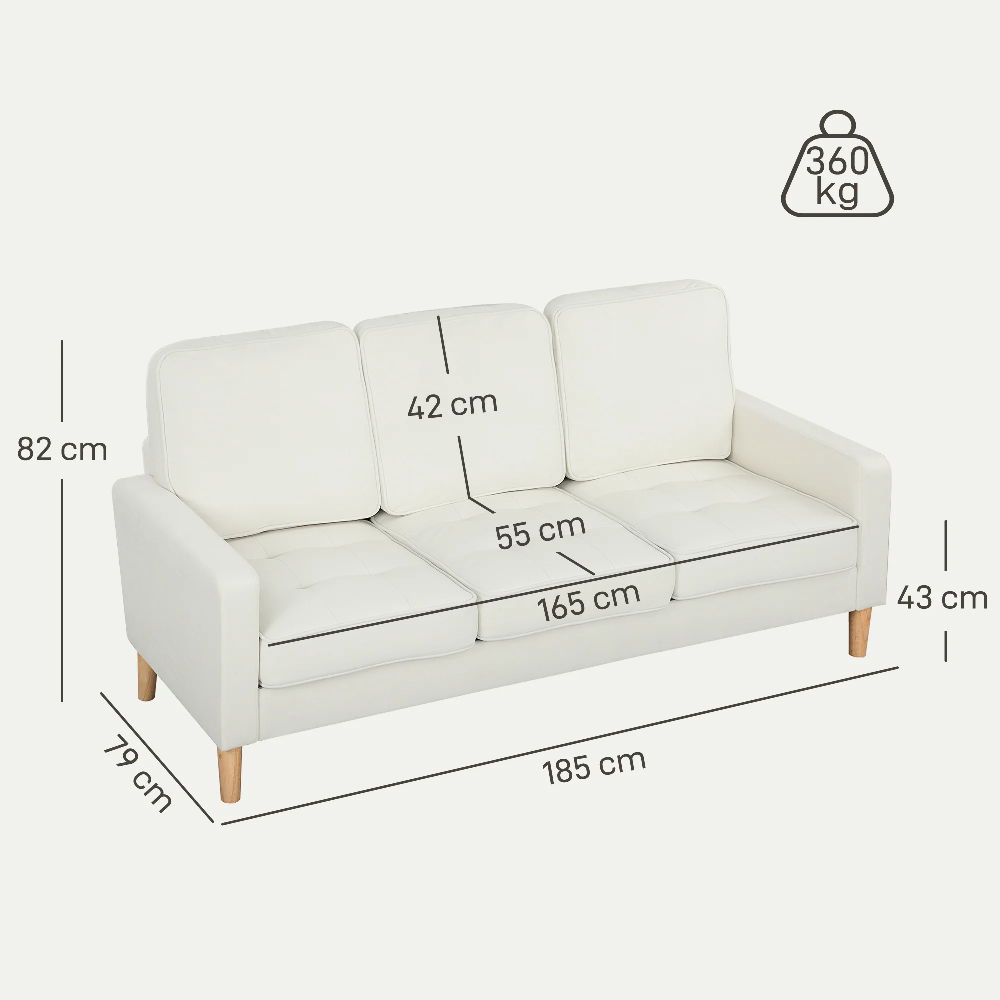 Canapé 3 places en velours, 185 cm, design moderne, canapé avec coussins épais, pieds en bois d'hévéa et assise capitonné, pour salon, chambre, bureau, crème - Image 4