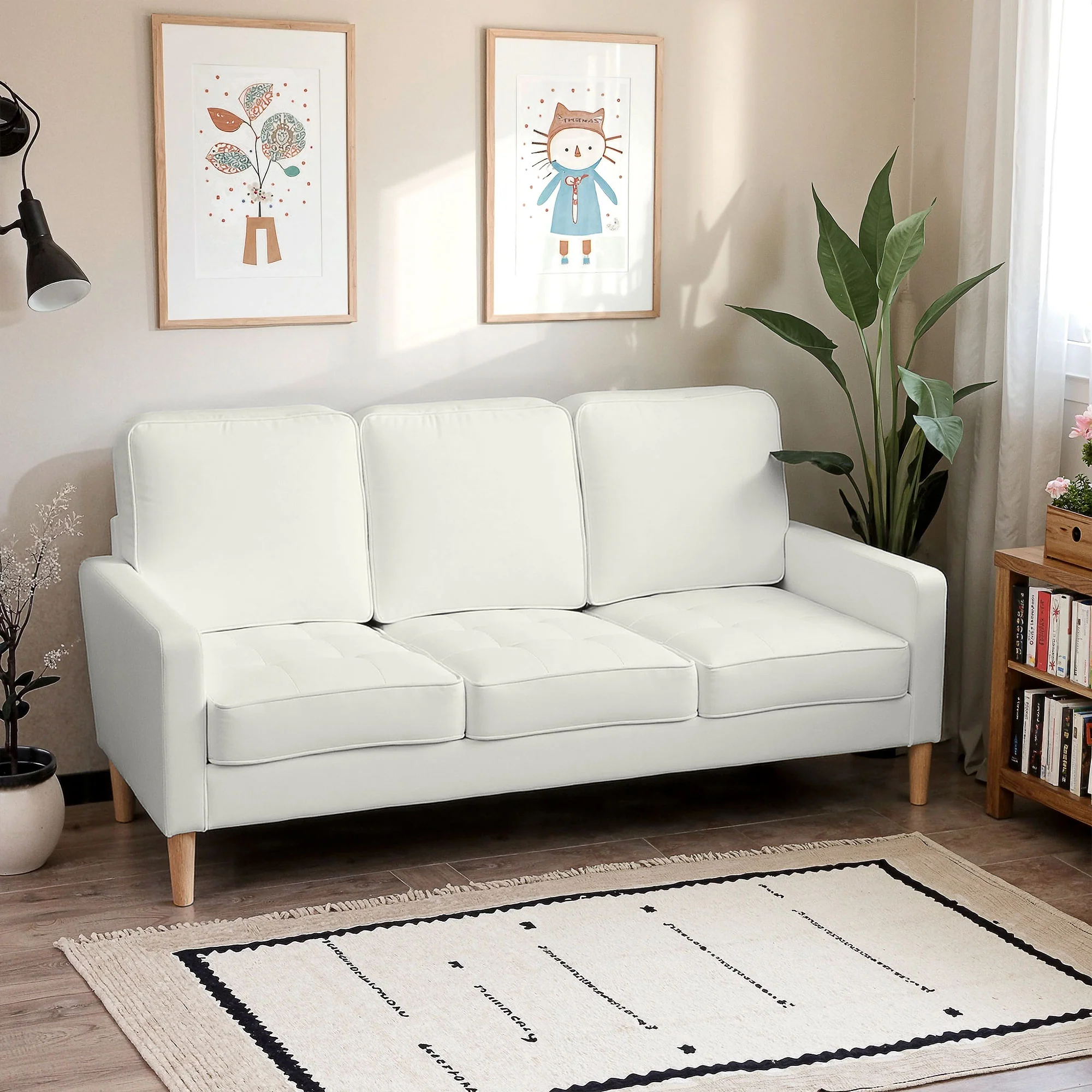 Canapé 3 places en velours, 185 cm, design moderne, canapé avec coussins épais, pieds en bois d'hévéa et assise capitonné, pour salon, chambre, bureau, crème - Image 8